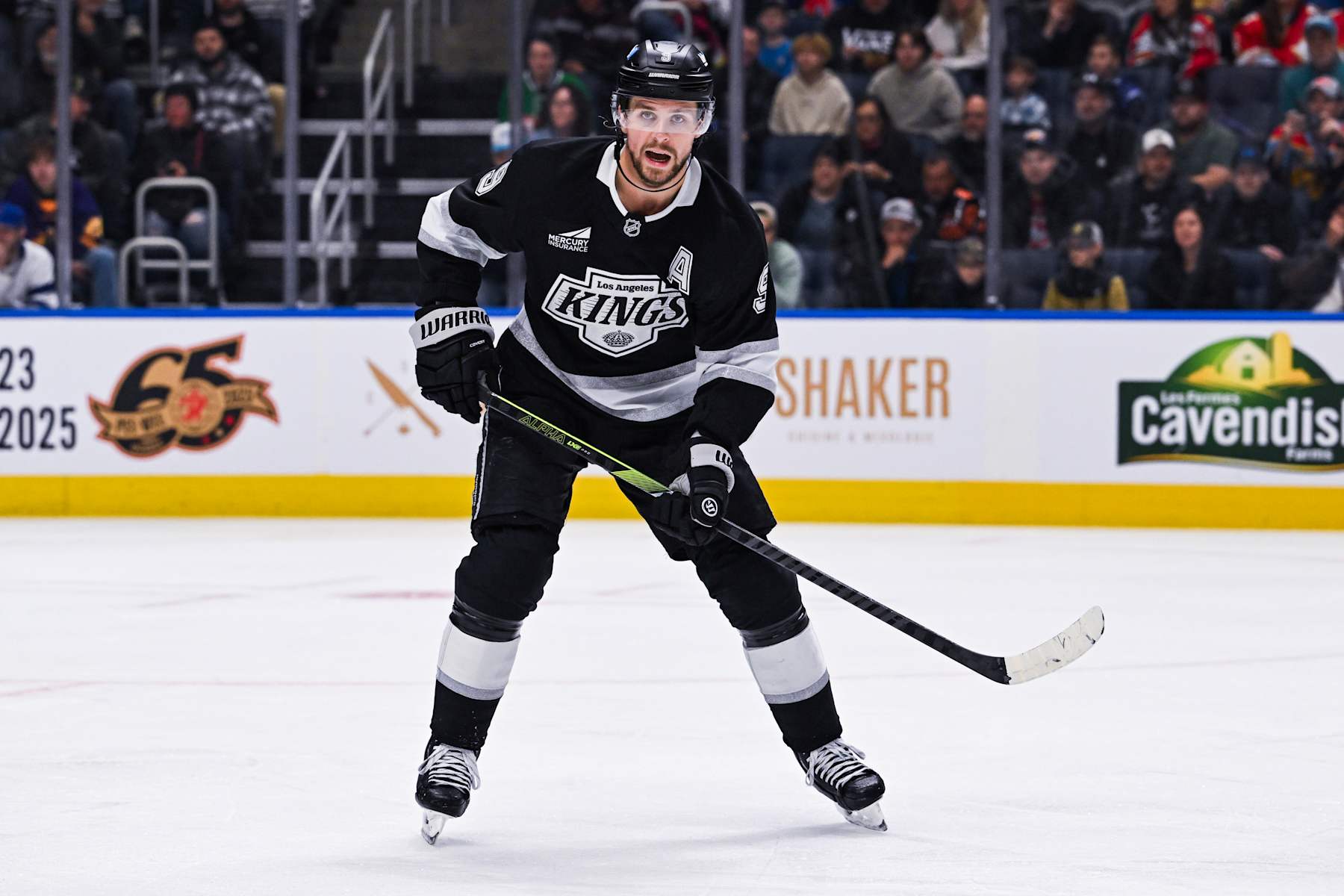 QUEBEC CITY, QC - OCTOBER 05: Los Angeles Kings forward Adrian Kempe (9) tracks the play during the Florida Panthers versus the Los Angeles Kings preseason game on October 05, 2024, at Videotron Centre in Quebec City, QC (Photo by David Kirouac/Icon Sportswire via Getty Images)