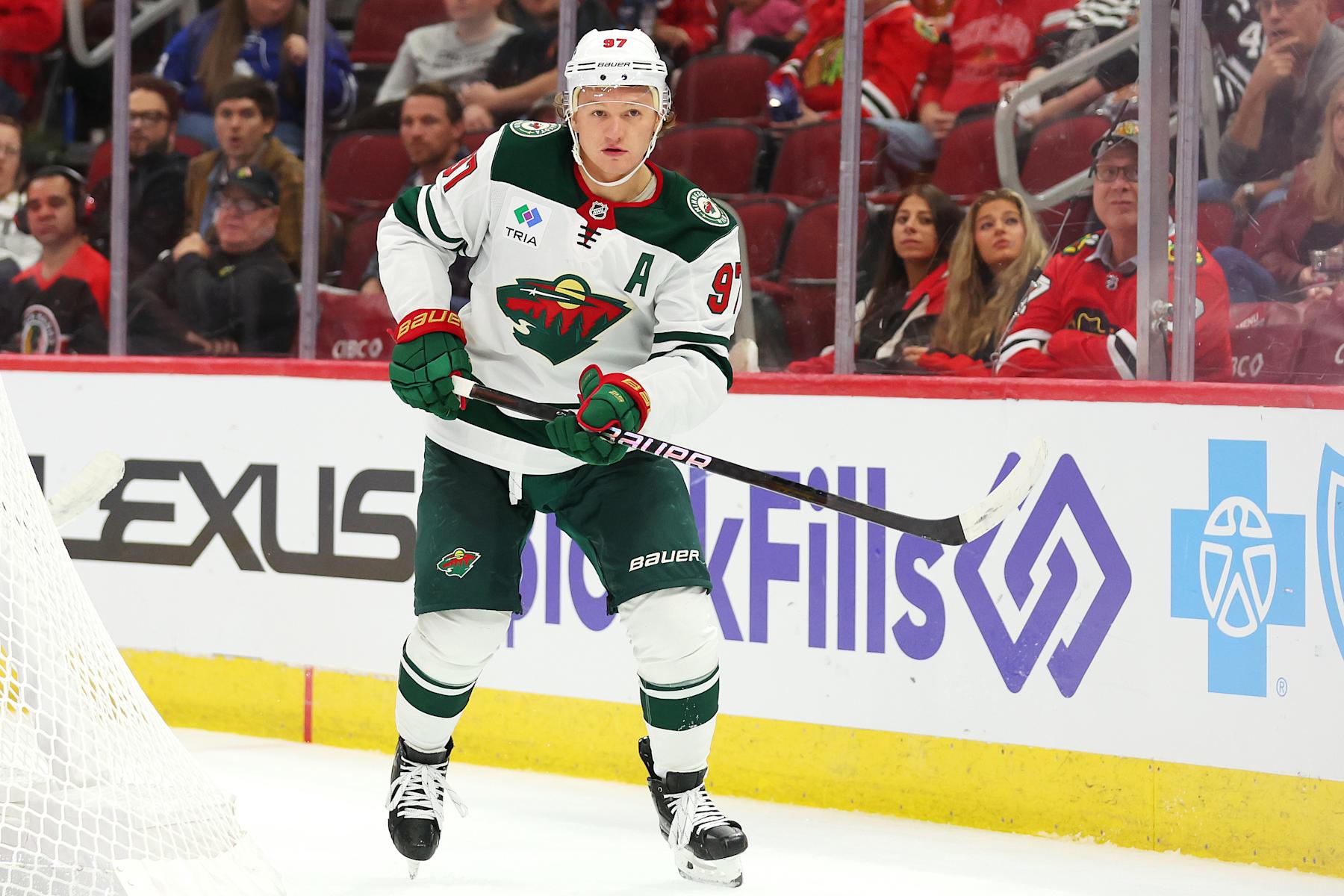 CHICAGO, ILLINOIS - OCTOBER 04: Kirill Kaprizov #97 of the Minnesota Wild skates against the Chicago Blackhawks during the third period of a preseason game at the United Center on October 04, 2024 in Chicago, Illinois. (Photo by Michael Reaves/Getty Images)