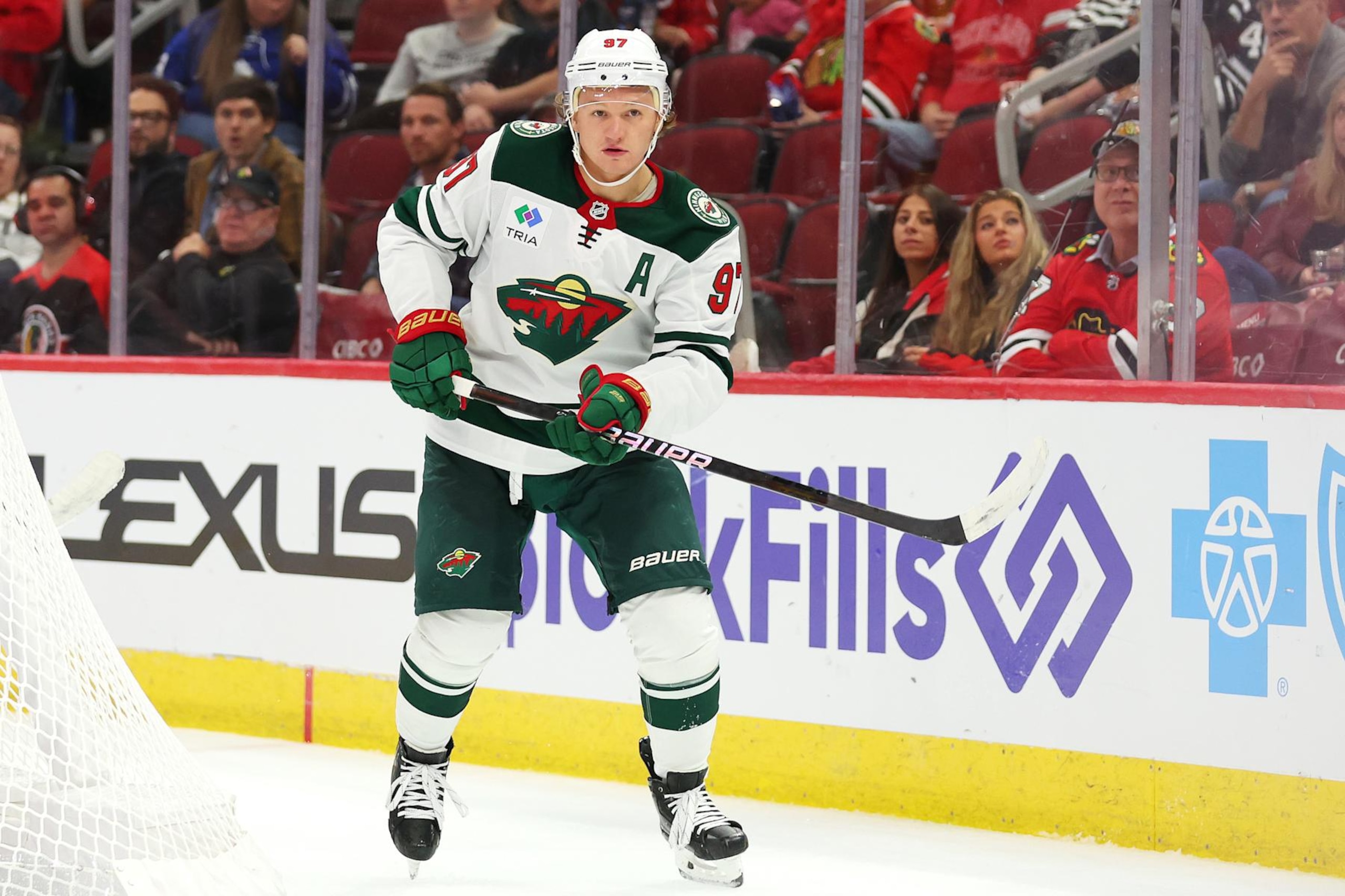 CHICAGO, ILLINOIS - OCTOBER 04: Kirill Kaprizov #97 of the Minnesota Wild skates against the Chicago Blackhawks during the third period of a preseason game at the United Center on October 04, 2024 in Chicago, Illinois. (Photo by Michael Reaves/Getty Images) CHICAGO, ILLINOIS - OCTOBER 04: Kirill Kaprizov #97 of the Minnesota Wild skates against the Chicago Blackhawks during the third period of a preseason game at the United Center on October 04, 2024 in Chicago, Illinois. (Photo by Michael Reaves/Getty Images)