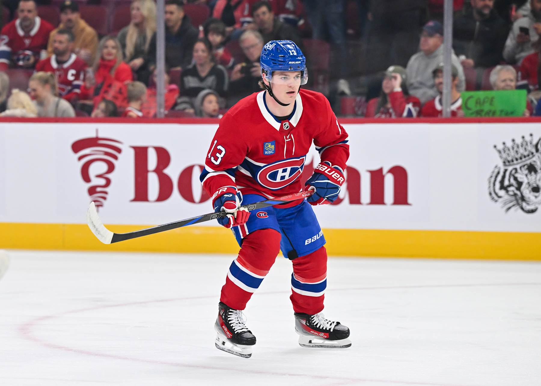 MONTREAL, CANADA - OCTOBER 09:  Cole Caufield #13 of the Montreal Canadiens skates during warmups prior to the game against the Toronto Maple Leafs at the Bell Centre on October 9, 2024 in Montreal, Quebec, Canada.  The Montreal Canadiens defeated the Toronto Maple Leafs 1-0.  (Photo by Minas Panagiotakis/Getty Images)