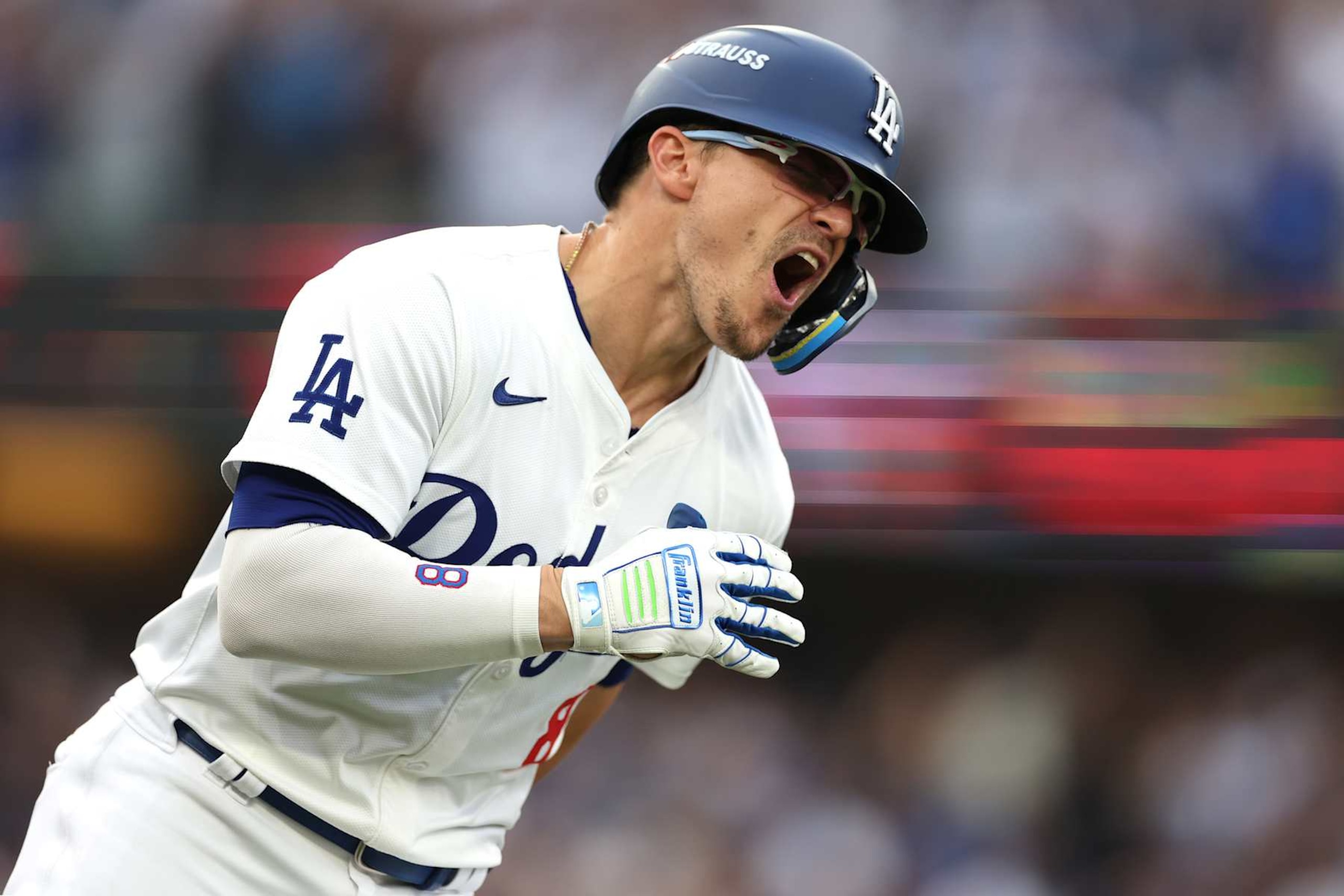 LOS ANGELES, CALIFORNIA - OCTOBER 11: Enrique Hernández #8 of the Los Angeles Dodgers celebrates after his solo home run against the San Diego Padres during the second inning of Game Five of the Division Series at Dodger Stadium on October 11, 2024 in Los Angeles, California. (Photo by Sean M. Haffey/Getty Images) LOS ANGELES, CALIFORNIA - OCTOBER 11: Enrique Hernández #8 of the Los Angeles Dodgers celebrates after his solo home run against the San Diego Padres during the second inning of Game Five of the Division Series at Dodger Stadium on October 11, 2024 in Los Angeles, California. (Photo by Sean M. Haffey/Getty Images)
