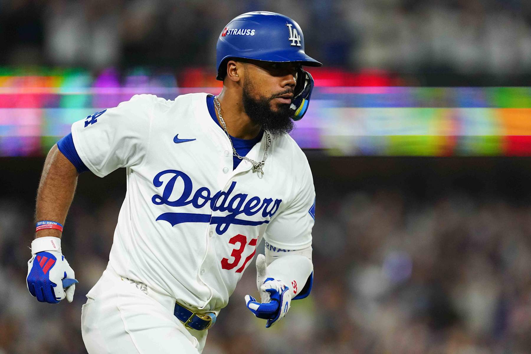LOS ANGELES, CA - OCTOBER 11:   Teoscar Hernández #37 of the Los Angeles Dodgers rounds the bases after hitting a solo home run in the seventh inning during Game 5 of the Division Series presented by Booking.com between the San Diego Padres and the Los Angeles Dodgers at Dodger Stadium on Friday, October 11, 2024 in Los Angeles, California. (Photo by Daniel Shirey/MLB Photos via Getty Images)
