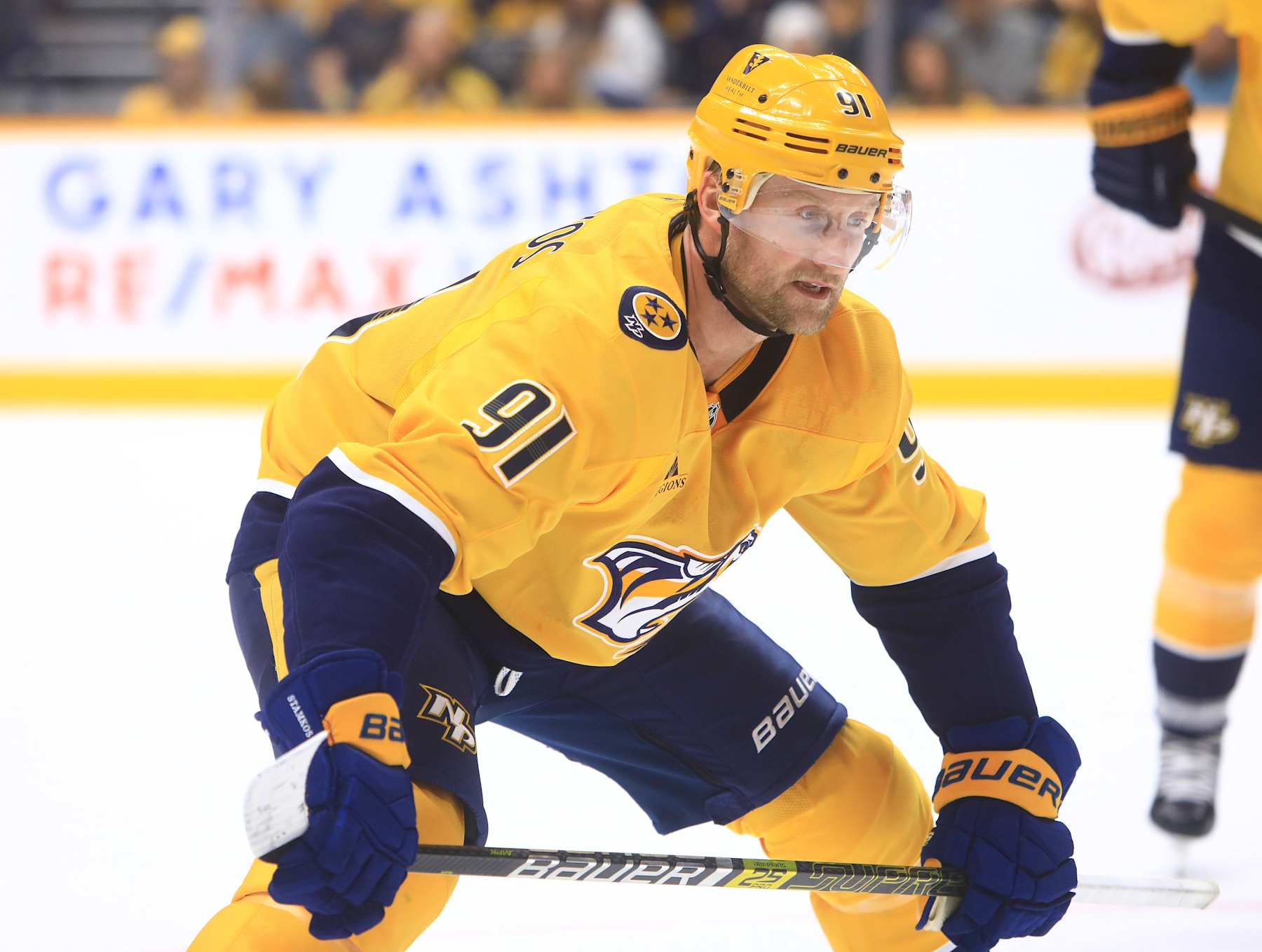 NASHVILLE, TN - OCTOBER 05: Nashville Predators center Steven Stamkos (91) is shown during the NHL preseason game between the Nashville Predators and Carolina Hurricanes, held on October 5, 2024, at Bridgestone Arena in Nashville, Tennessee.  (Photo by Danny Murphy/Icon Sportswire via Getty Images)