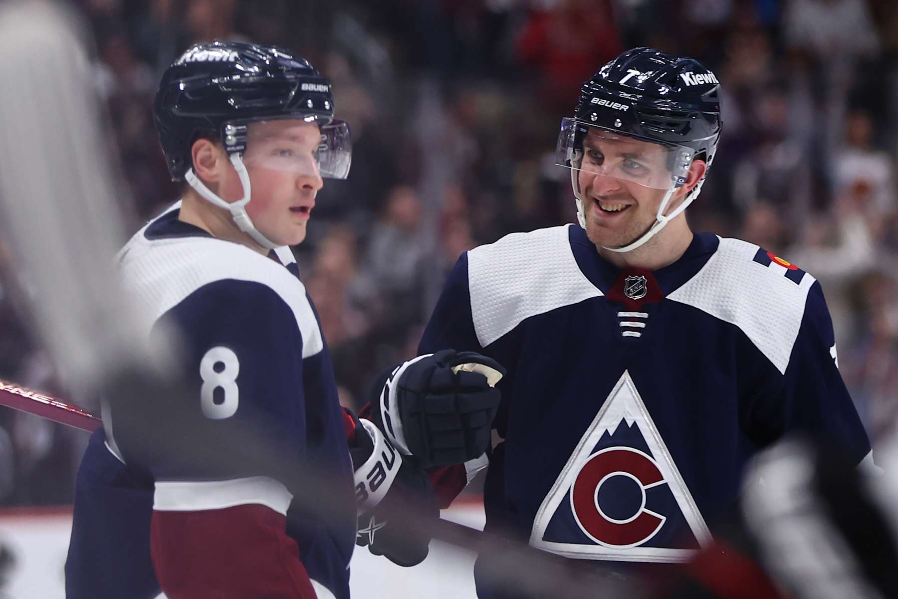 DENVER, COLORADO - MARCH 4:  Devon Toews #7 of the Colorado Avalanche reacts after a goal by Cale Makar #8 during the game against the Chicago Blackhawks at Ball Arena on March 4, 2024 in Denver, Colorado. (Photo by Alysa Rubin/Clarkson Creative/Getty Images)