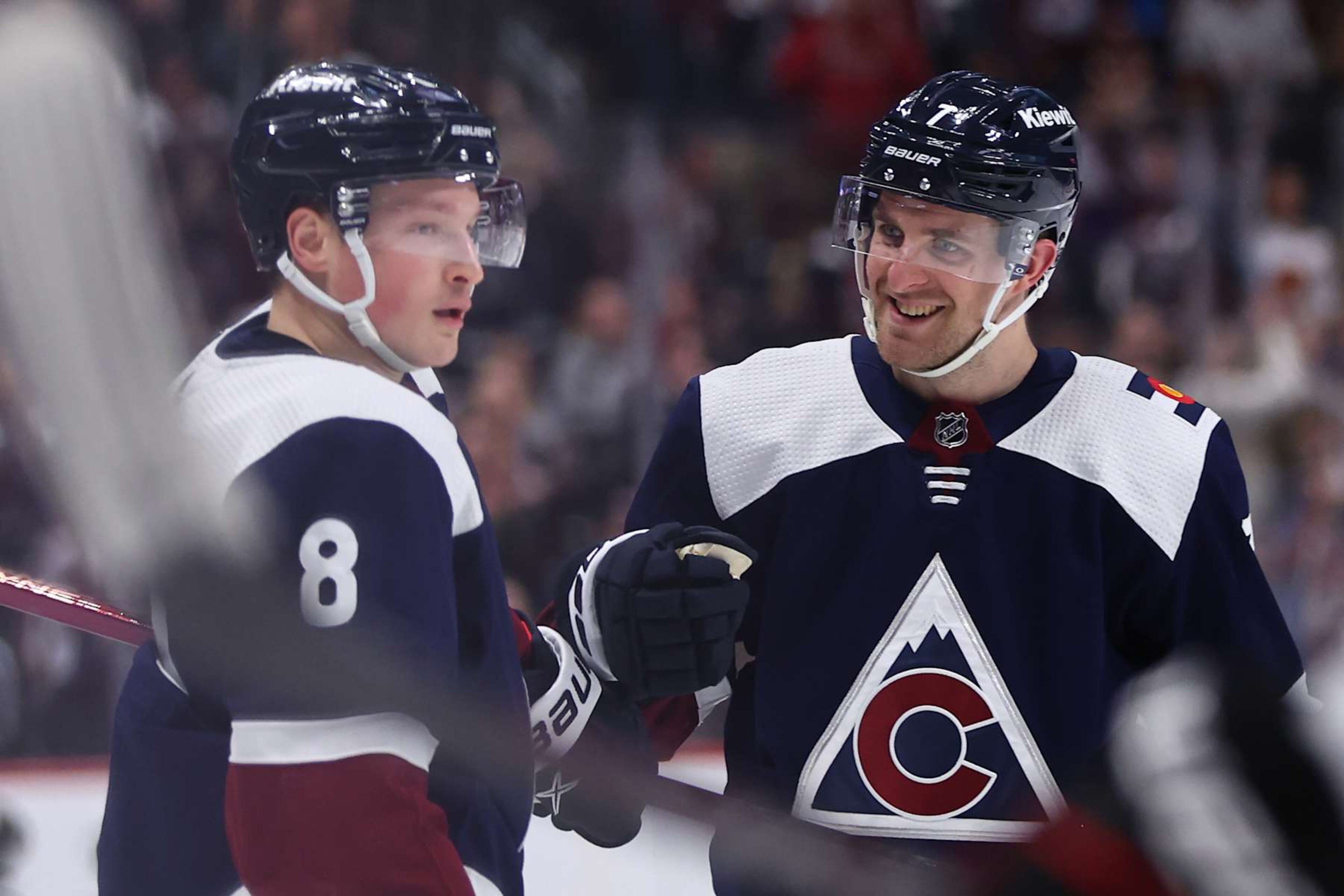 DENVER, COLORADO - MARCH 4: Devon Toews #7 of the Colorado Avalanche reacts after a goal by Cale Makar #8 during the game against the Chicago Blackhawks at Ball Arena on March 4, 2024 in Denver, Colorado. (Photo by Alysa Rubin/Clarkson Creative/Getty Images) DENVER, COLORADO - MARCH 4: Devon Toews #7 of the Colorado Avalanche reacts after a goal by Cale Makar #8 during the game against the Chicago Blackhawks at Ball Arena on March 4, 2024 in Denver, Colorado. (Photo by Alysa Rubin/Clarkson Creative/Getty Images)