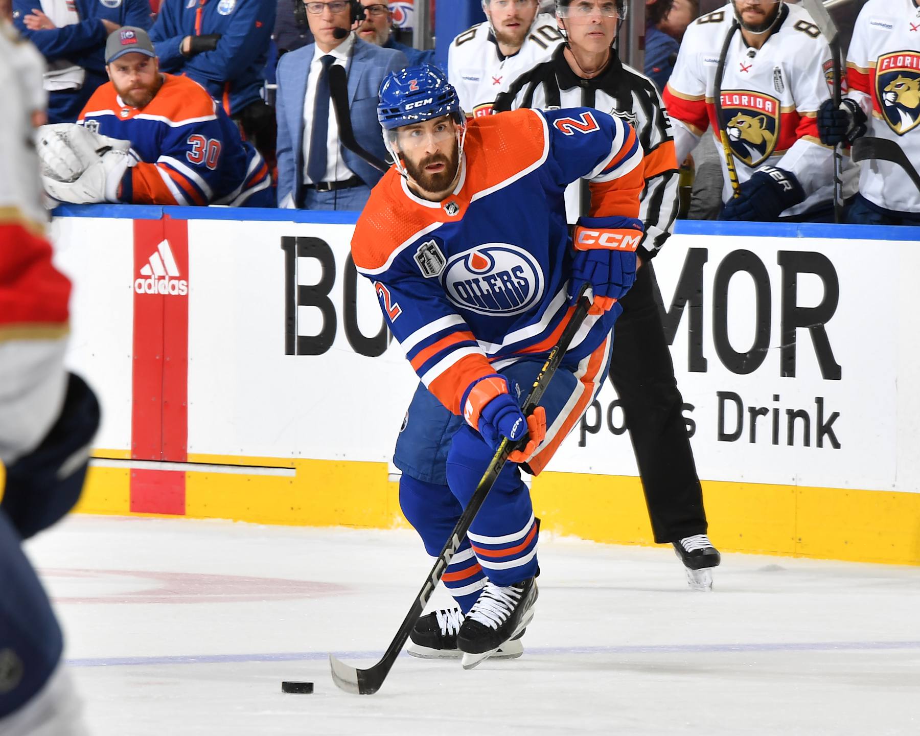 EDMONTON, CANADA - JUNE 15: Evan Bouchard #2 of the Edmonton Oilers in action during Game Four of the 2024 Stanley Cup Final against the Florida Panthers at Rogers Place on June 15, 2024, in Edmonton, Alberta, Canada. (Photo by Andy Devlin/NHLI via Getty Images)
