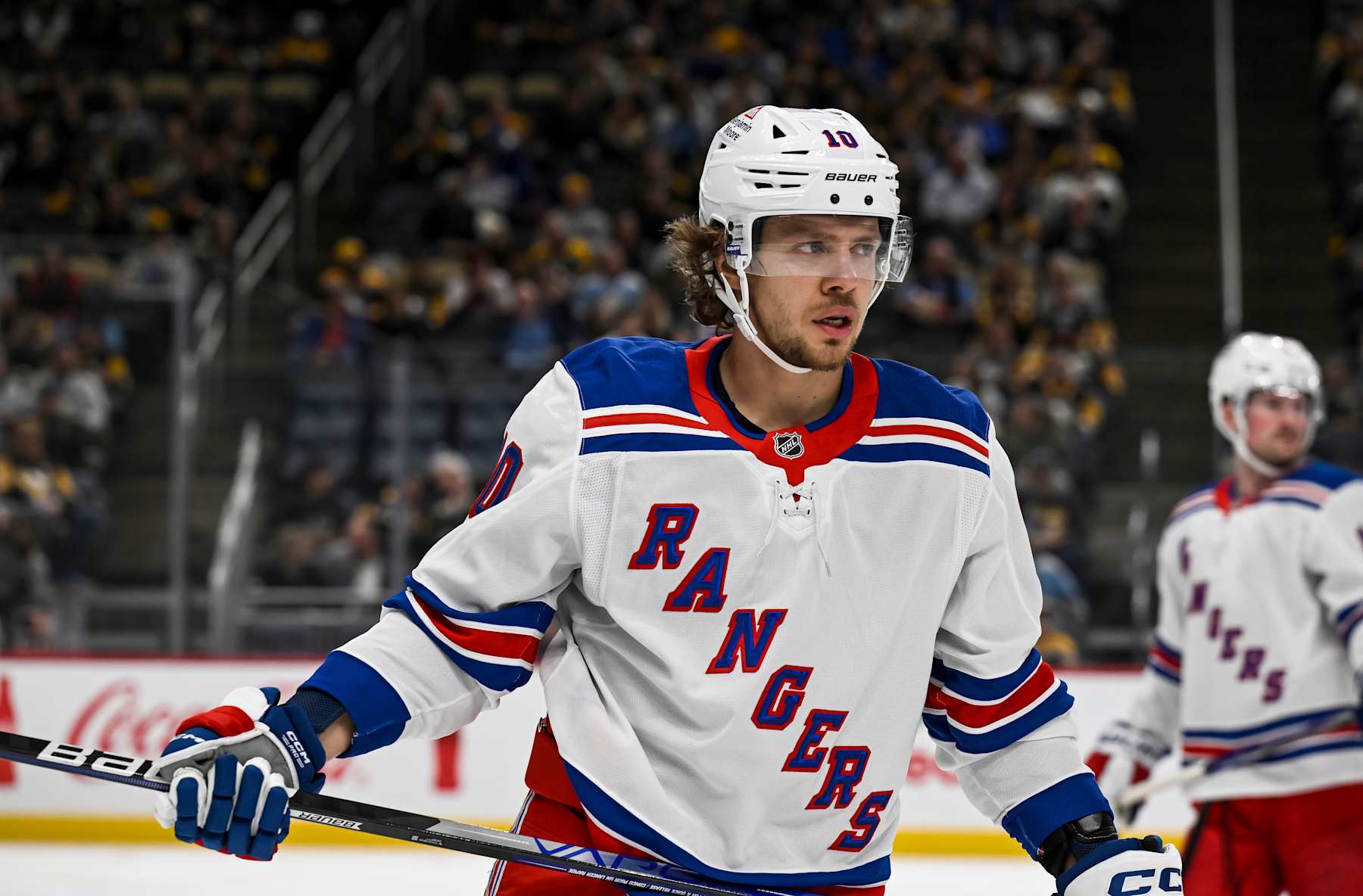 PITTSBURGH, PA - OCTOBER 09: New York Rangers left wing Artemi Panarin (10) looks on during the third period in the NHL game between the Pittsburgh Penguins and the New York Rangers on October 9, 2024, at PPG Paints Arena in Pittsburgh, PA. (Photo by Jeanine Leech/Icon Sportswire via Getty Images)