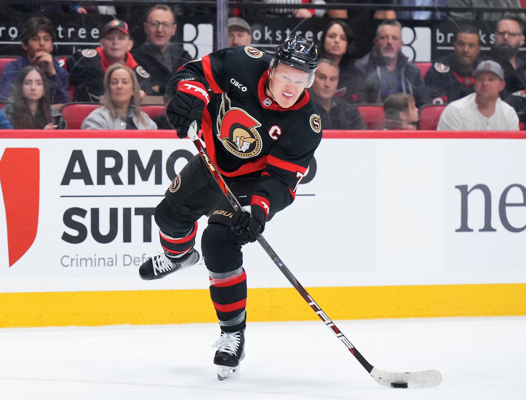 OTTAWA, CANADA - OCTOBER 10: Brady Tkachuk #7 of the Ottawa Senators shoots the puck against the Florida Panthers at Canadian Tire Centre on October 10, 2024 in Ottawa, Ontario, Canada.  (Photo by André Ringuette/NHLI via Getty Images)