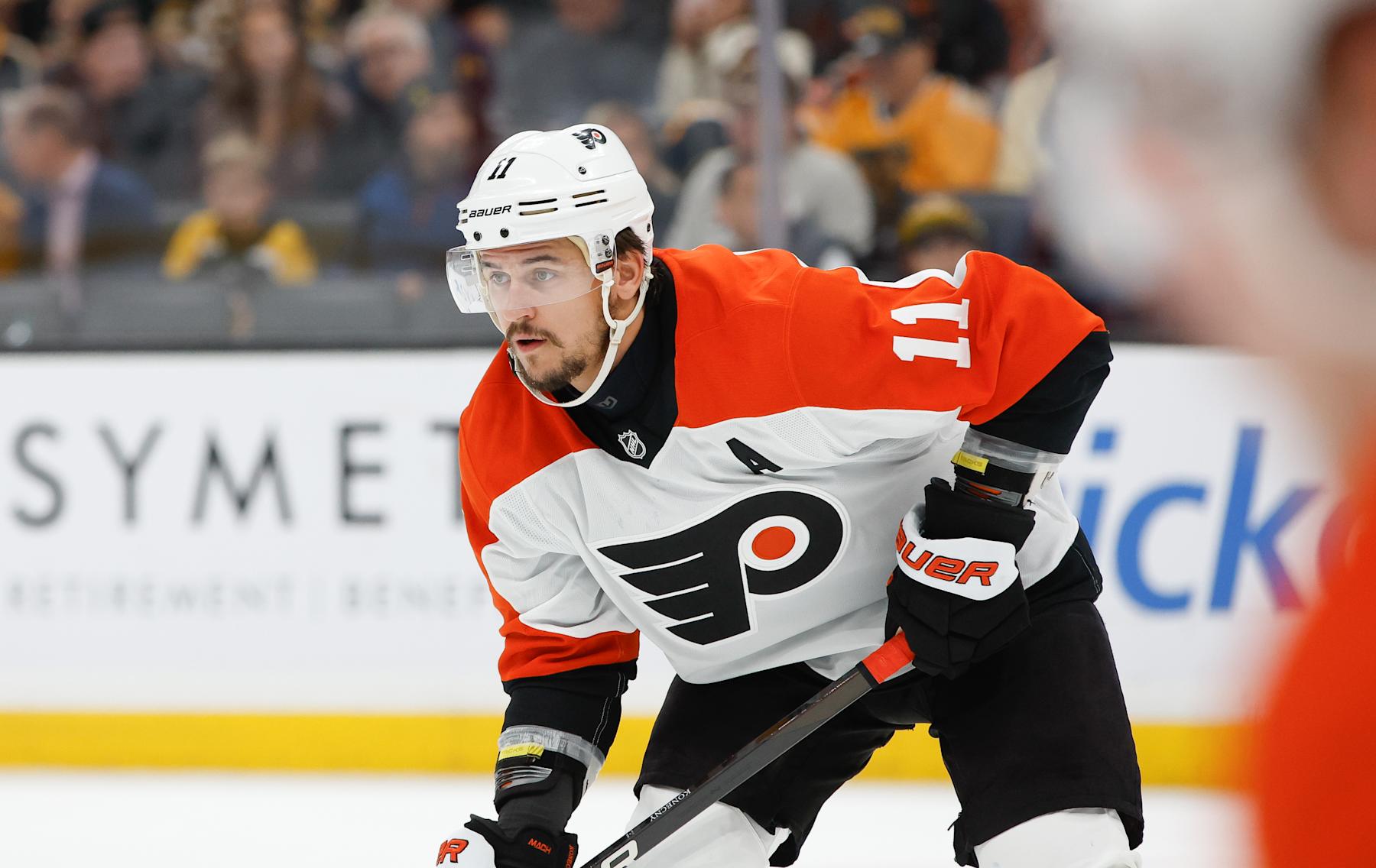 BOSTON, MASSACHUSETTS - OCTOBER 1: Travis Konecny #11 of the Philadelphia Flyers skates against the Boston Bruins during the first period at the TD Garden during a preseason game on October 1, 2024 in Boston, Massachusetts. The Bruins won 4-1. (Photo by Richard T Gagnon/Getty Images)