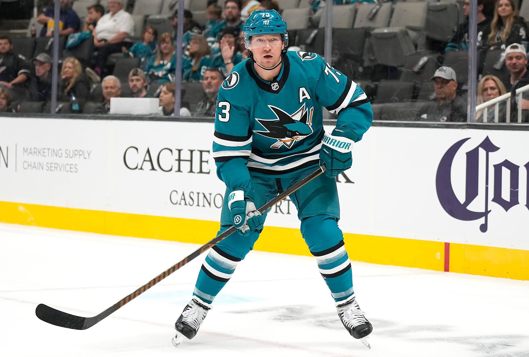 SAN JOSE, CALIFORNIA - SEPTEMBER 22: Tyler Toffoli #73 of the San Jose Sharks skates against the Vegas Golden Knights during the first period at SAP Center on September 22, 2024 in San Jose, California. (Photo by Thearon W. Henderson/Getty Images)