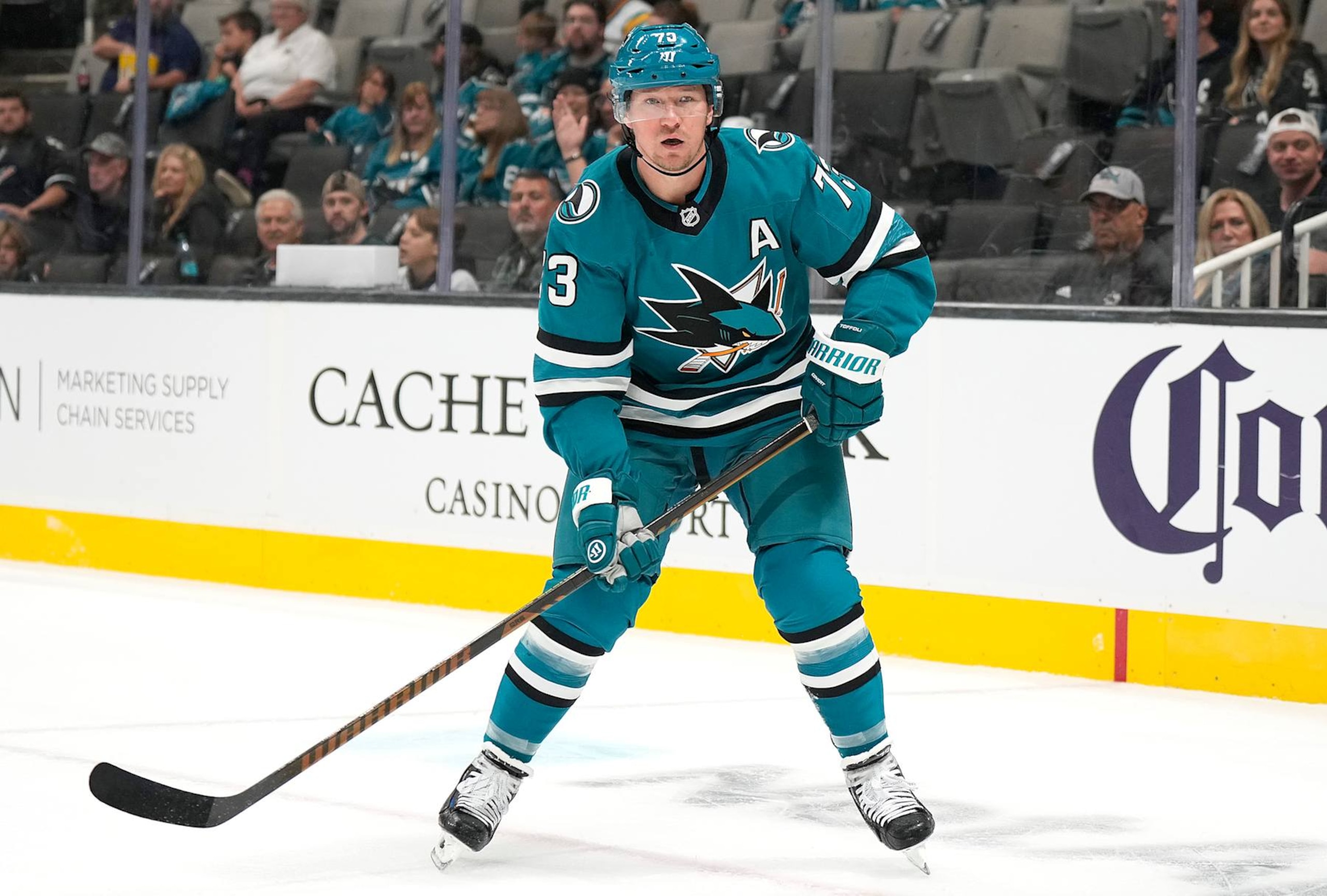SAN JOSE, CALIFORNIA - SEPTEMBER 22: Tyler Toffoli #73 of the San Jose Sharks skates against the Vegas Golden Knights during the first period at SAP Center on September 22, 2024 in San Jose, California. (Photo by Thearon W. Henderson/Getty Images) SAN JOSE, CALIFORNIA - SEPTEMBER 22: Tyler Toffoli #73 of the San Jose Sharks skates against the Vegas Golden Knights during the first period at SAP Center on September 22, 2024 in San Jose, California. (Photo by Thearon W. Henderson/Getty Images)
