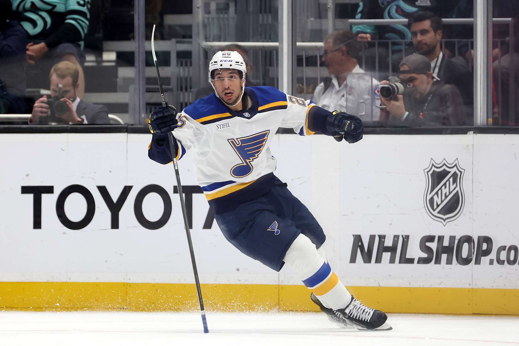 SEATTLE, WASHINGTON - OCTOBER 08: Jordan Kyrou #25 of the St. Louis Blues celebrates his goal during the second period against the Seattle Kraken at Climate Pledge Arena on October 08, 2024 in Seattle, Washington. (Photo by Steph Chambers/Getty Images)