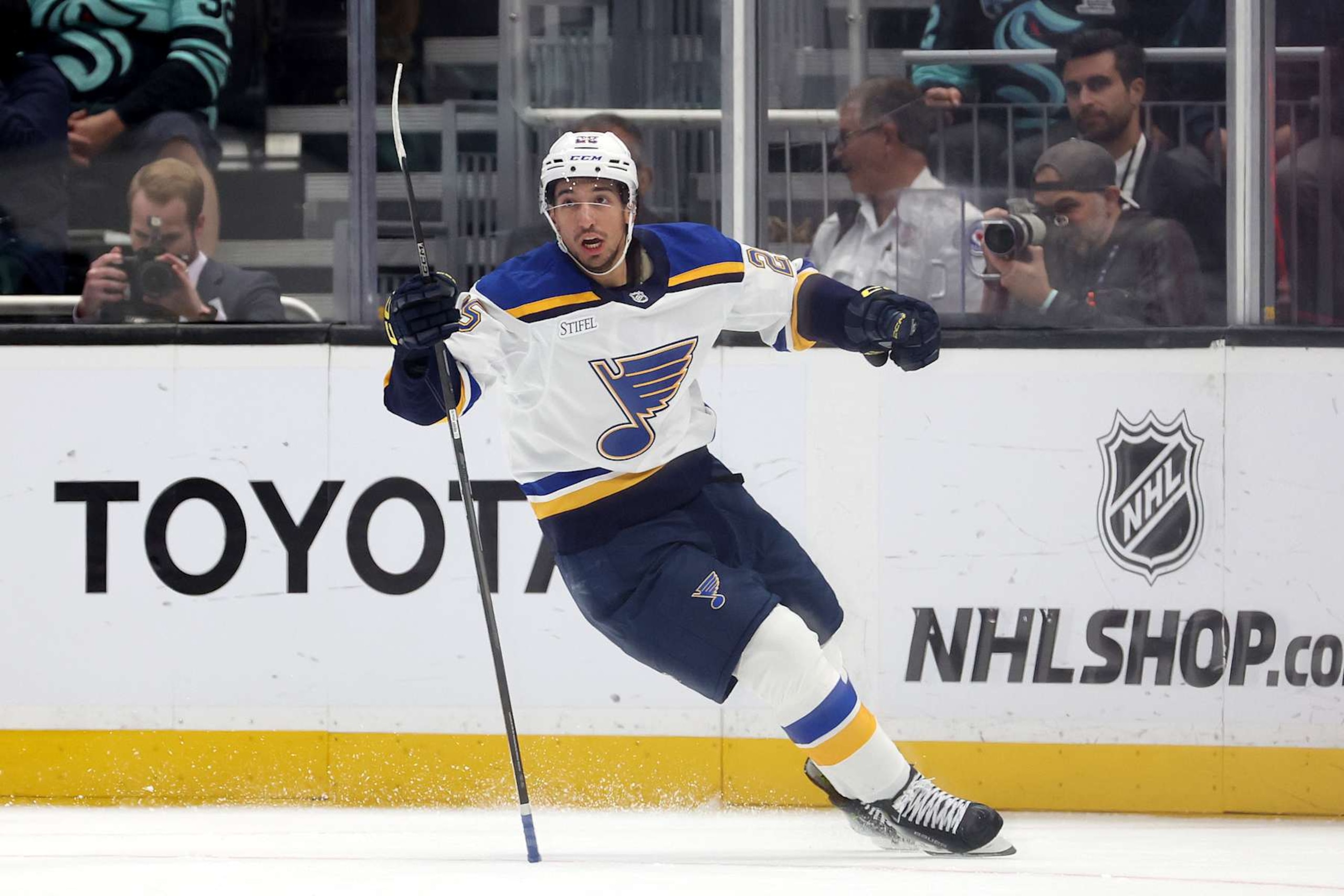 SEATTLE, WASHINGTON - OCTOBER 08: Jordan Kyrou #25 of the St. Louis Blues celebrates his goal during the second period against the Seattle Kraken at Climate Pledge Arena on October 08, 2024 in Seattle, Washington. (Photo by Steph Chambers/Getty Images) SEATTLE, WASHINGTON - OCTOBER 08: Jordan Kyrou #25 of the St. Louis Blues celebrates his goal during the second period against the Seattle Kraken at Climate Pledge Arena on October 08, 2024 in Seattle, Washington. (Photo by Steph Chambers/Getty Images)