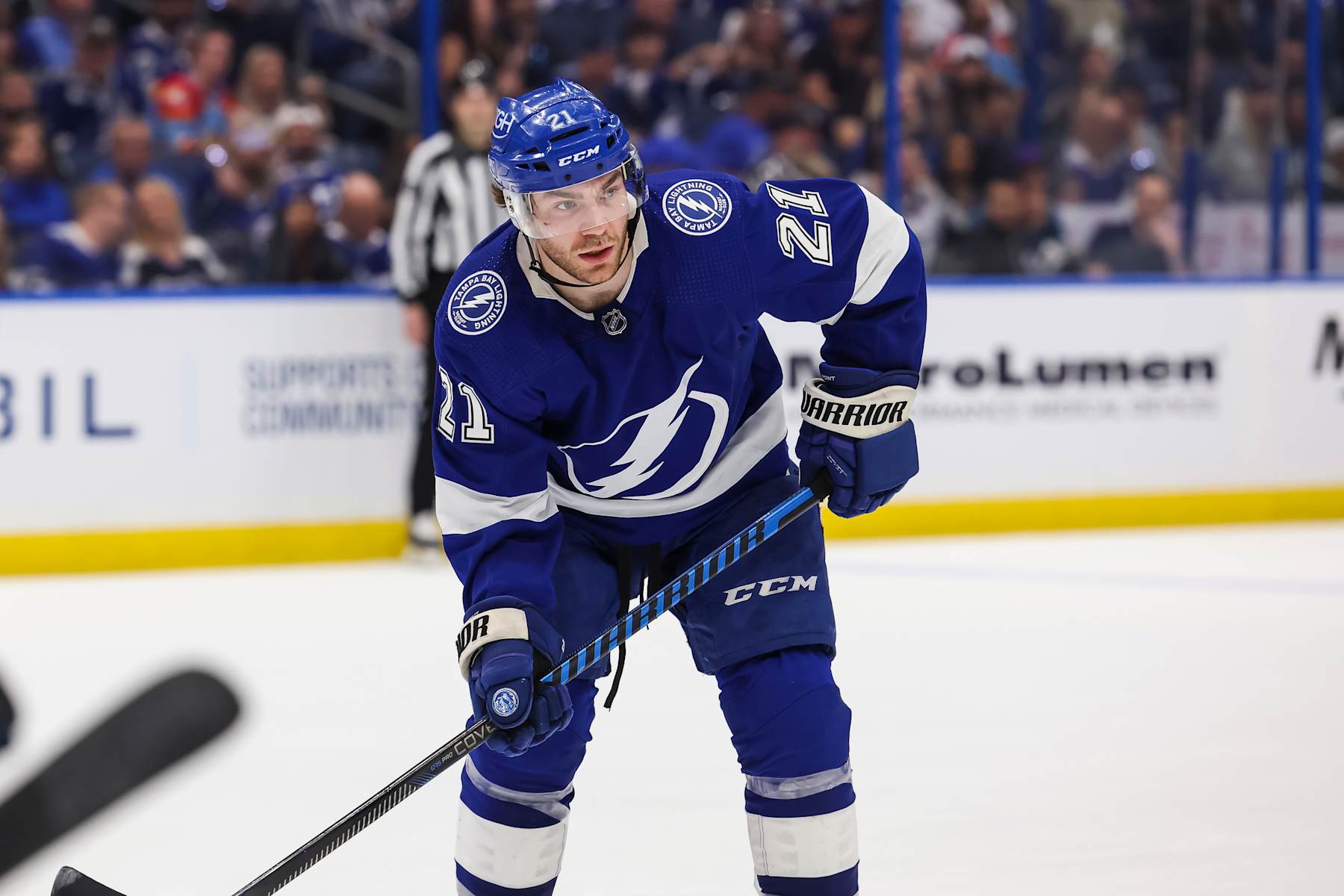 TAMPA, FL - APRIL 25: Brayden Point #21 of the Tampa Bay Lightning skates against the Florida Panthers in Game Three of the First Round of the 2024 Stanley Cup Playoffs at Amalie Arena on April 25, 2024 in Tampa, Florida. (Photo by Mark LoMoglio/NHLI via Getty Images)