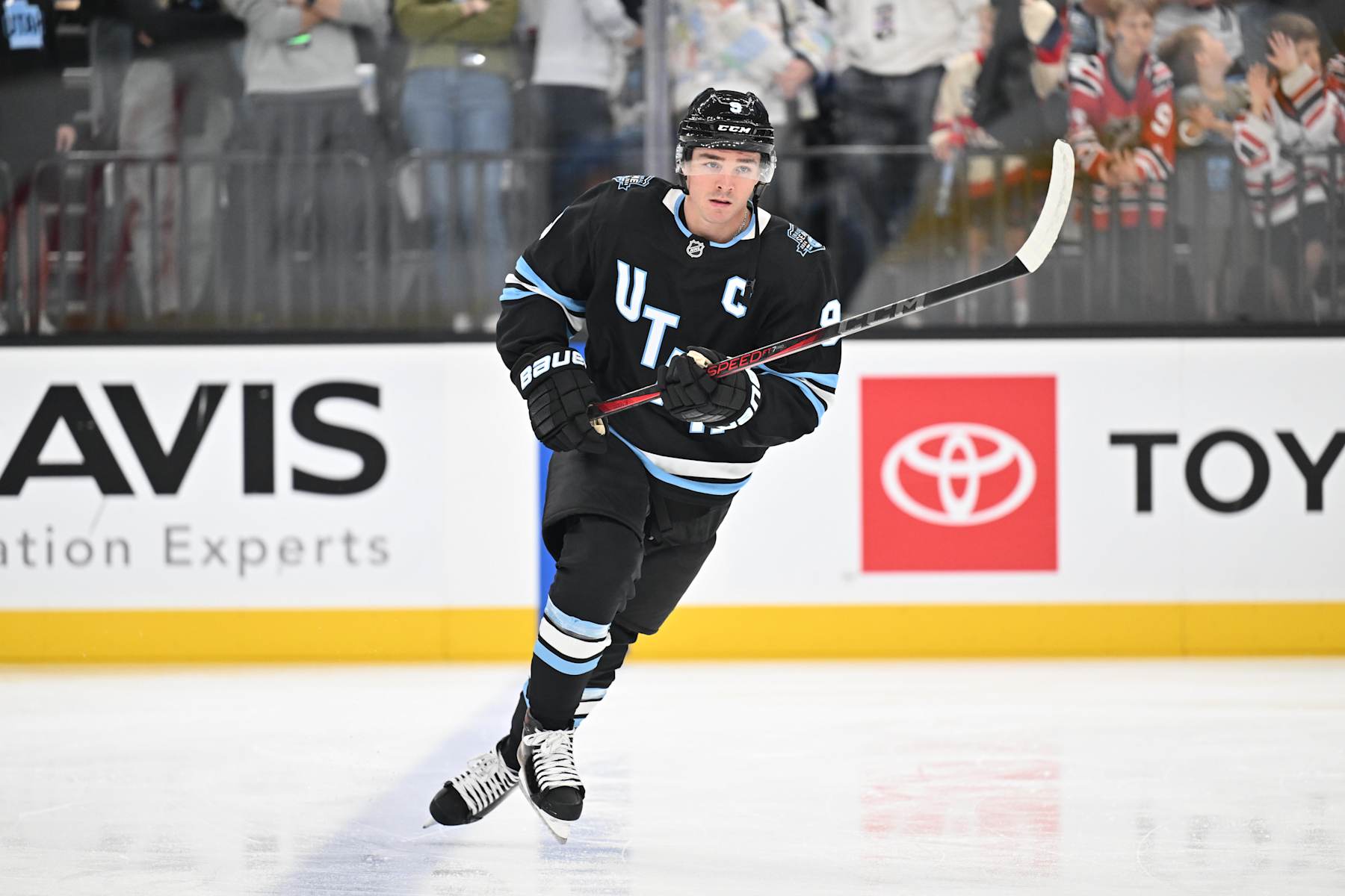 SALT LAKE CITY, UTAH - OCTOBER 08: Clayton Keller #9 of the Utah Hockey Club warms up prior to their inaugural game against the Chicago Blackhawks on October 08, 2024 at Delta Center in Salt Lake City, Utah.  (Photo by Jamie Sabau/Getty Images)