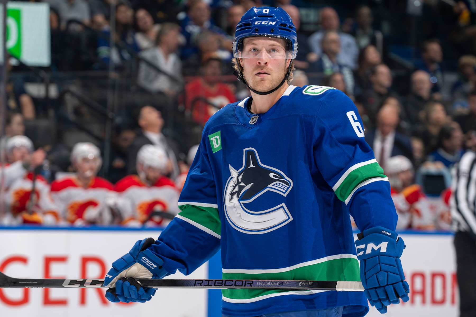 VANCOUVER, CANADA - OCTOBER 9: Brock Boeser #6 of the Vancouver Canucks during the first period of their NHL game against the Calgary Flames at Rogers Arena on October 9, 2024 in Vancouver, British Columbia, Canada.  (Photo by Jeff Vinnick/NHLI via Getty Images)