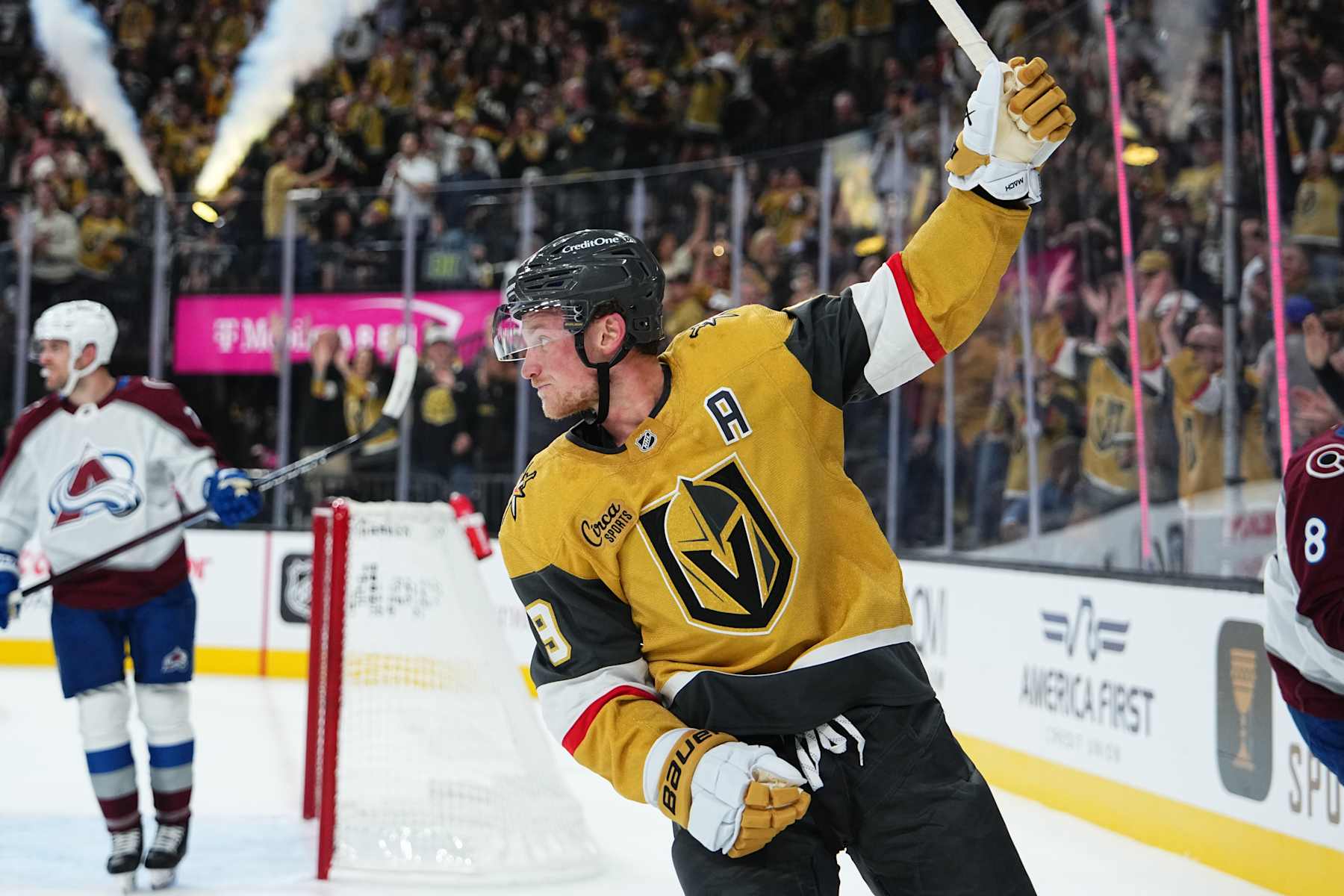 LAS VEGAS, NEVADA - OCTOBER 09: Jack Eichel #9 of the Vegas Golden Knights reacts after a goal by Ivan Barbashev #49 during the first period against the Colorado Avalanche at T-Mobile Arena on October 09, 2024 in Las Vegas, Nevada. (Photo by Jeff Bottari/NHLI via Getty Images)