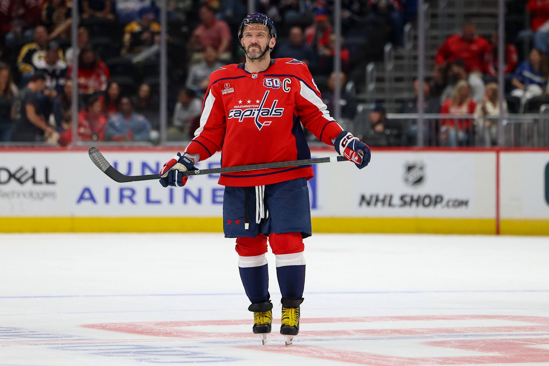 WASHINGTON, DC - OCTOBER 5: Alex Ovechkin #8 of the Washington Capitals looks to the stands during a tv timeout during a preseason game against the Boston Bruins at Capital One Arena on October 5, 2024 in Washington, D.C. (Photo by John McCreary/NHLI via Getty Images)