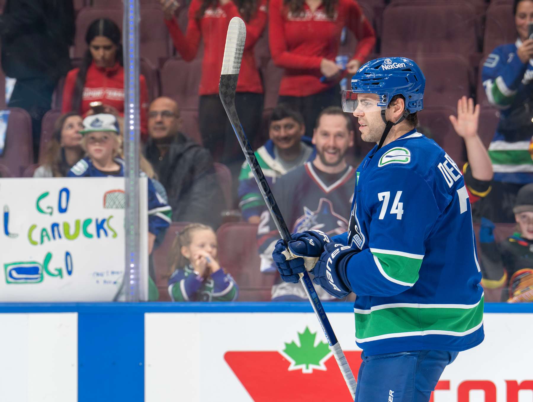 VANCOUVER, CANADA - OCTOBER 9: Jake DeBrusk #74 of the Vancouver Canucks during warm up before their NHL game at Rogers Arena on October 9, 2024 in Vancouver, British Columbia, Canada.  (Photo by Jeff Vinnick/NHLI via Getty Images)