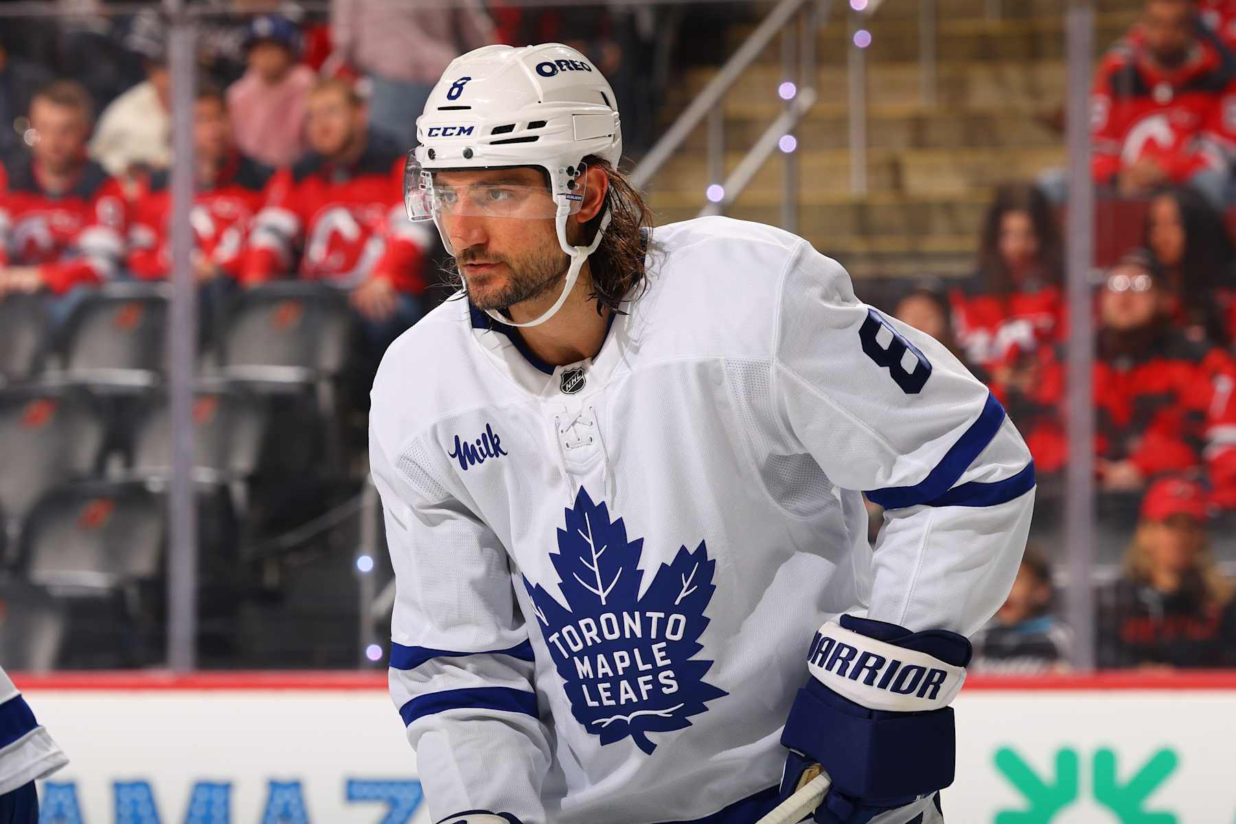 NEWARK, NJ - OCTOBER 10: Chris Tanev #8 of the Toronto Maple Leafs skates in the third period of the game against the New Jersey Devils at the Prudential Center on October 10, 2024 in Newark, New Jersey.  (Photo by Rich Graessle/NHLI via Getty Images)