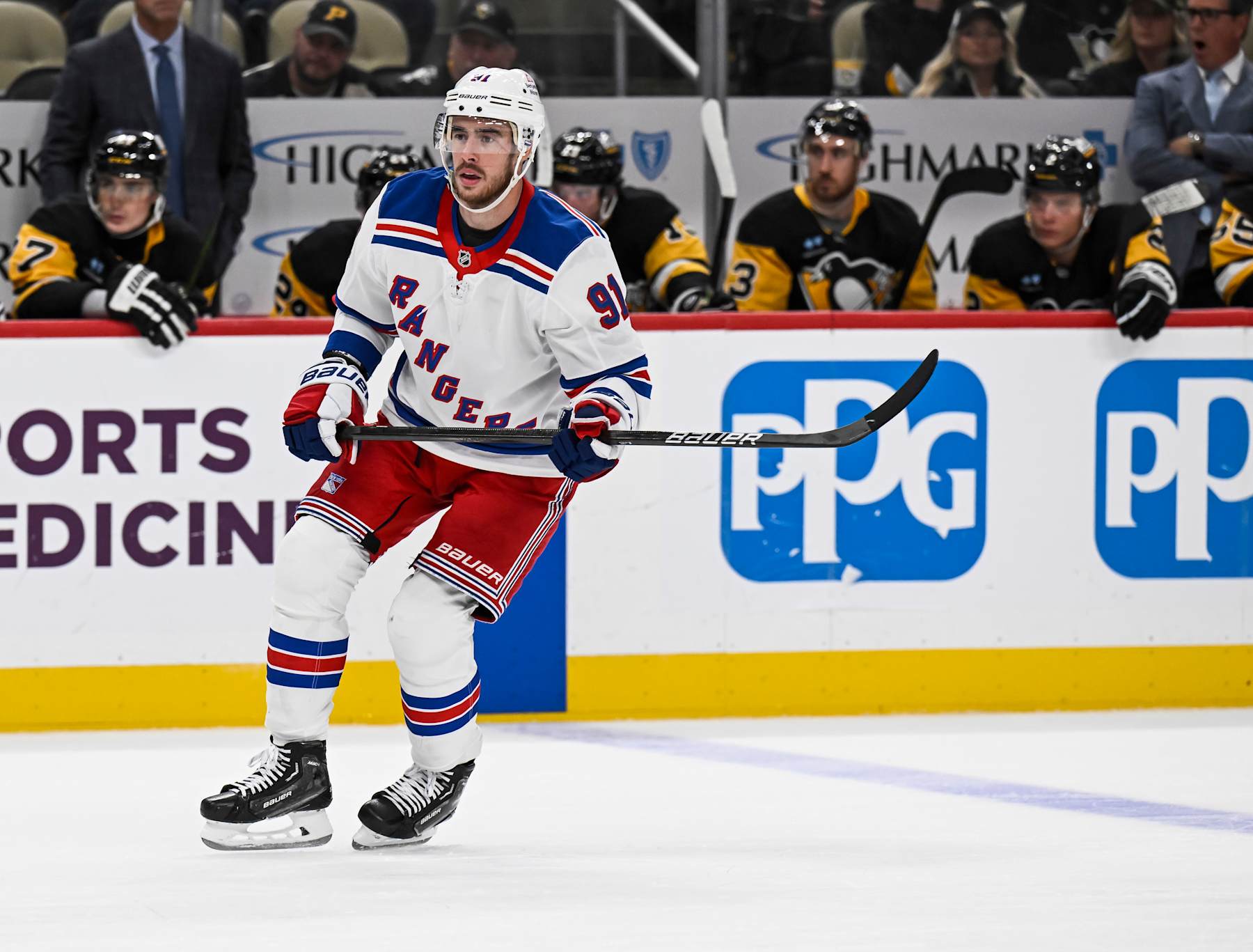 PITTSBURGH, PA - OCTOBER 09: New York Rangers right wing Reilly Smith (91) skates during the third period in the NHL game between the Pittsburgh Penguins and the New York Rangers on October 9, 2024, at PPG Paints Arena in Pittsburgh, PA. (Photo by Jeanine Leech/Icon Sportswire via Getty Images)