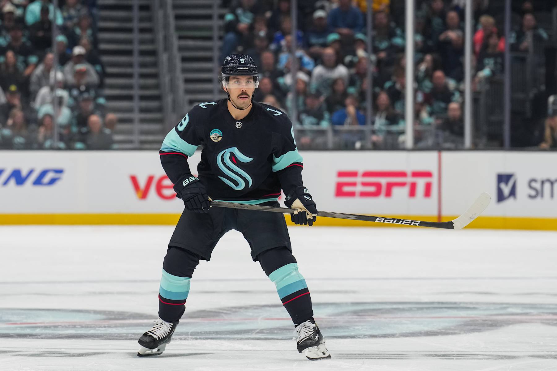 SEATTLE, WASHINGTON - OCTOBER 08: Chandler Stephenson #9 of the Seattle Kraken skates during the first period of a game against the St. Louis Blues at Climate Pledge Arena on October 08, 2024 in Seattle, Washington. (Photo by Christopher Mast/NHLI via Getty Images)