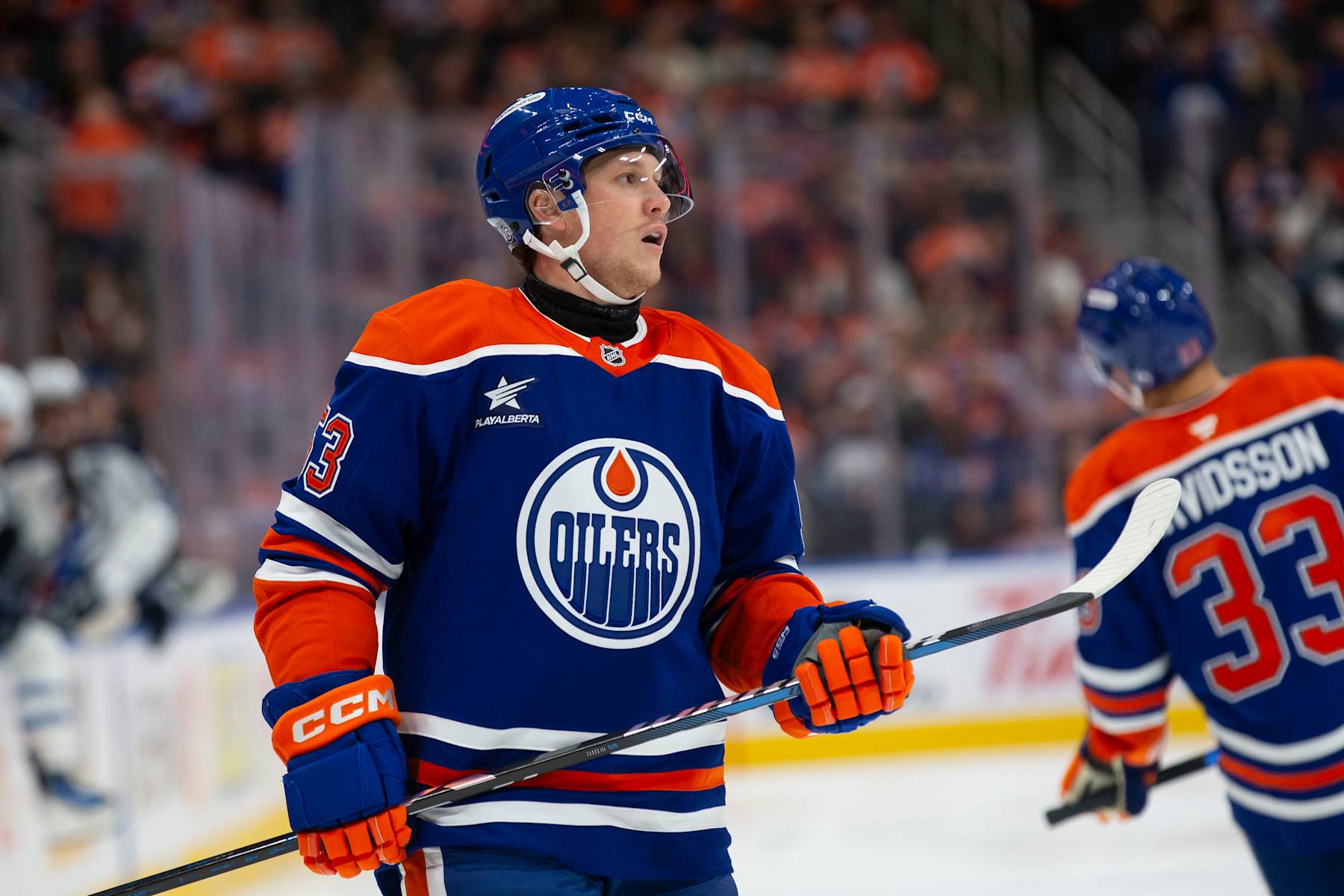 EDMONTON, CANADA - OCTOBER 9: Jeff Skinner #53 of the Edmonton Oilers skates against the Winnipeg Jets during the second period at Rogers Place on October 9, 2024 in Edmonton, Canada. (Photo by Codie McLachlan/Getty Images)