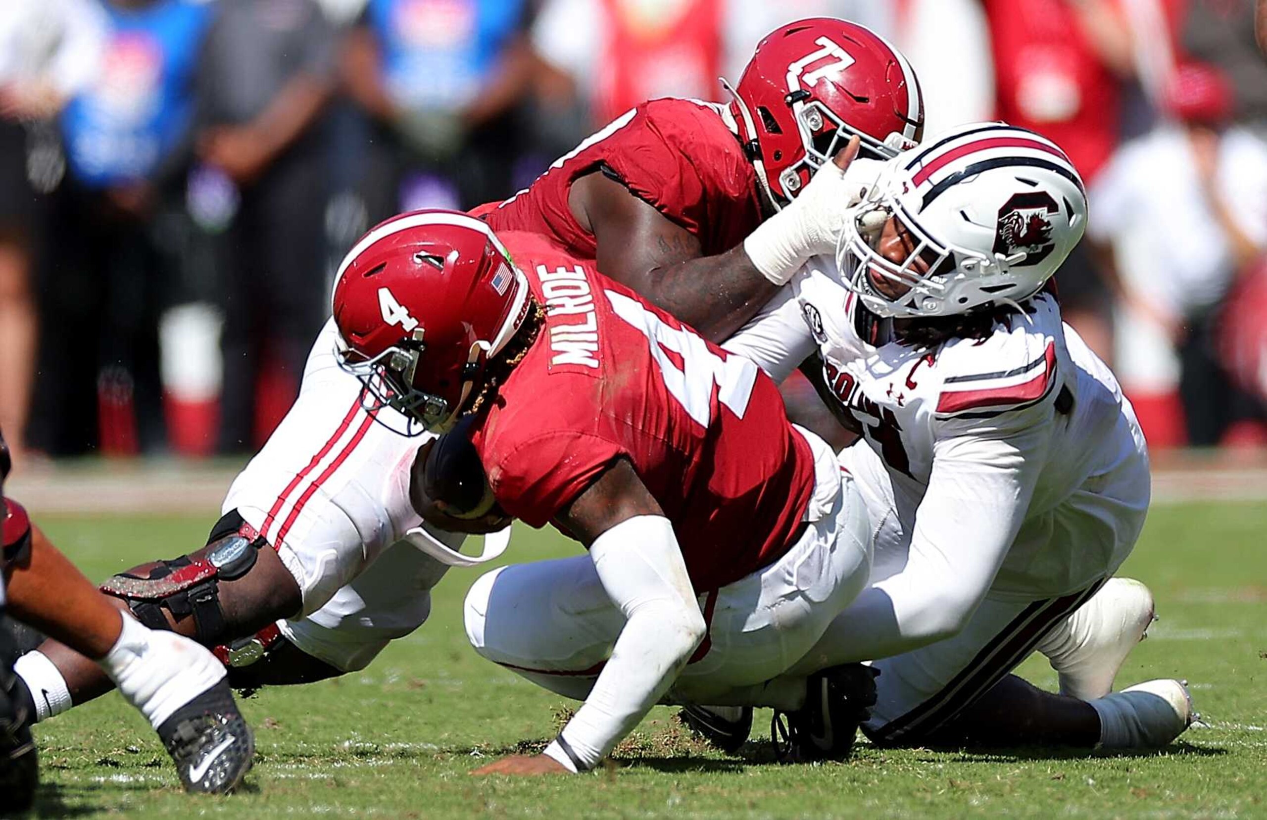 TUSCALOOSA, ALABAMA - OCTOBER 12: Tonka Hemingway #91 of the South Carolina Gamecocks sacks al4oduring the second quarter at Bryant-Denny Stadium on October 12, 2024 in Tuscaloosa, Alabama. (Photo by Kevin C. Cox/Getty Images) TUSCALOOSA, ALABAMA - OCTOBER 12: Tonka Hemingway #91 of the South Carolina Gamecocks sacks al4oduring the second quarter at Bryant-Denny Stadium on October 12, 2024 in Tuscaloosa, Alabama. (Photo by Kevin C. Cox/Getty Images)