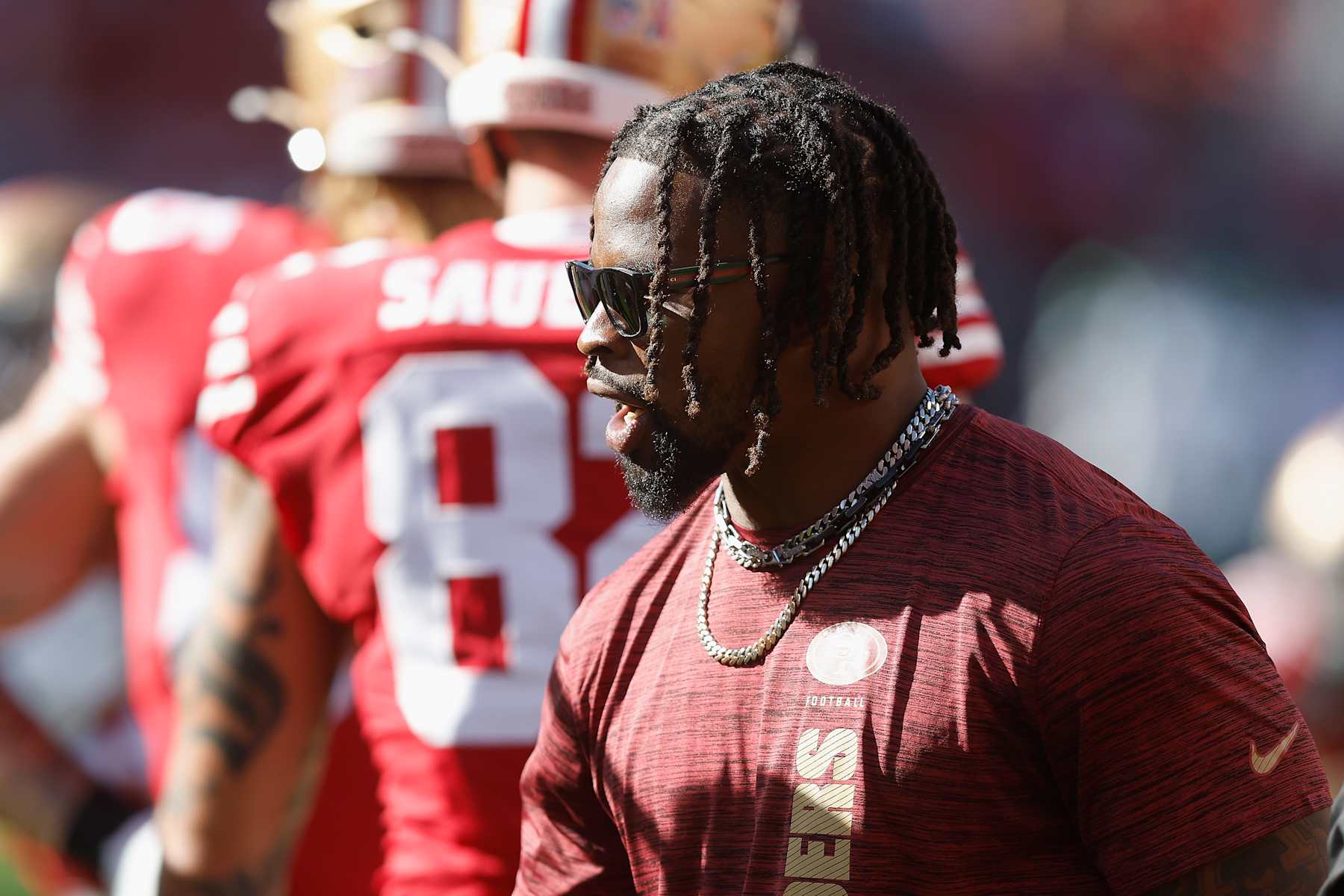SANTA CLARA, CALIFORNIA - SEPTEMBER 09: Dre Greenlaw #57 of the San Francisco 49ers looks on before the game against the New York Jets at Levi's Stadium on September 09, 2024 in Santa Clara, California. (Photo by Lachlan Cunningham/Getty Images)