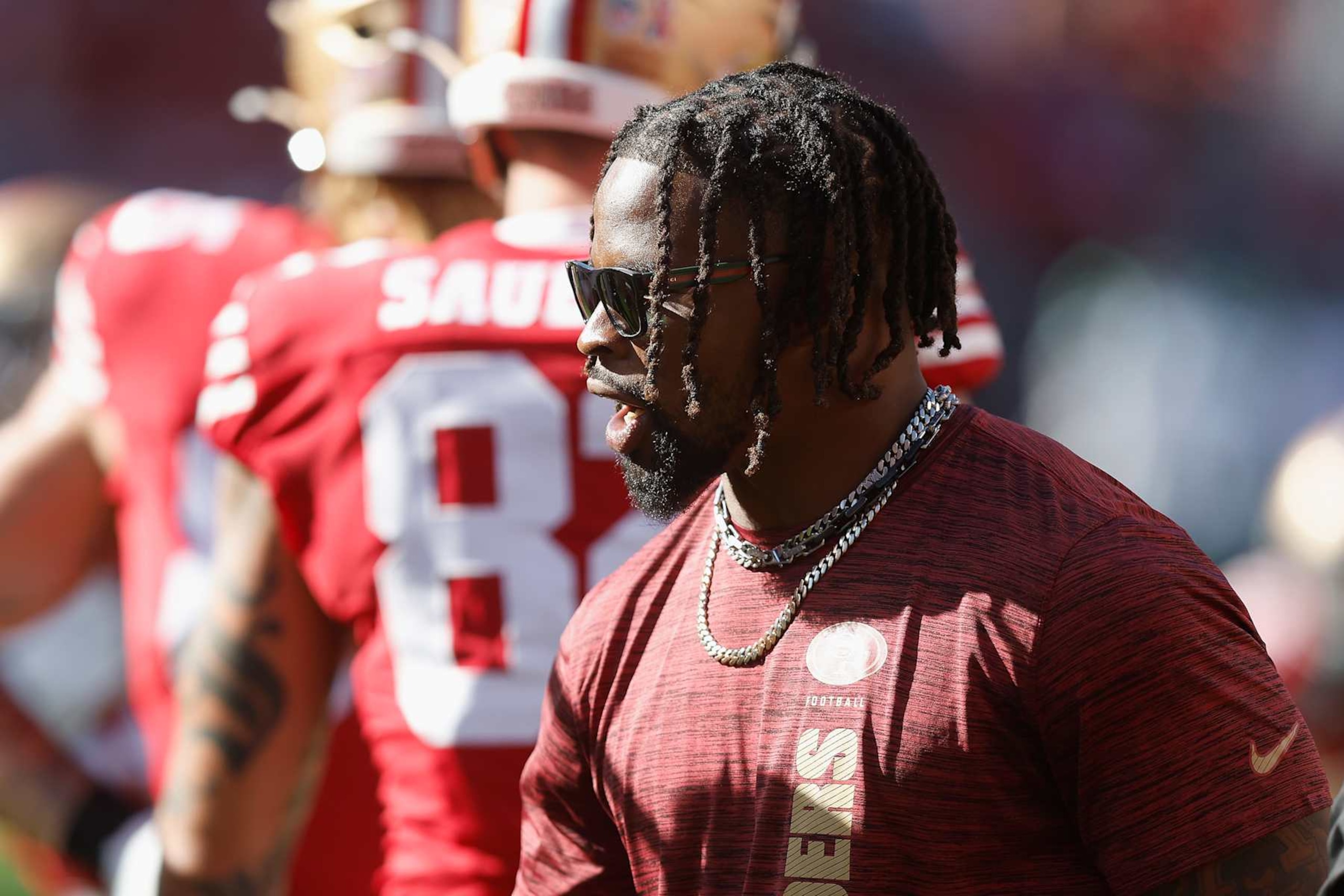 SANTA CLARA, CALIFORNIA - SEPTEMBER 09: Dre Greenlaw #57 of the San Francisco 49ers looks on before the game against the New York Jets at Levi's Stadium on September 09, 2024 in Santa Clara, California. (Photo by Lachlan Cunningham/Getty Images)