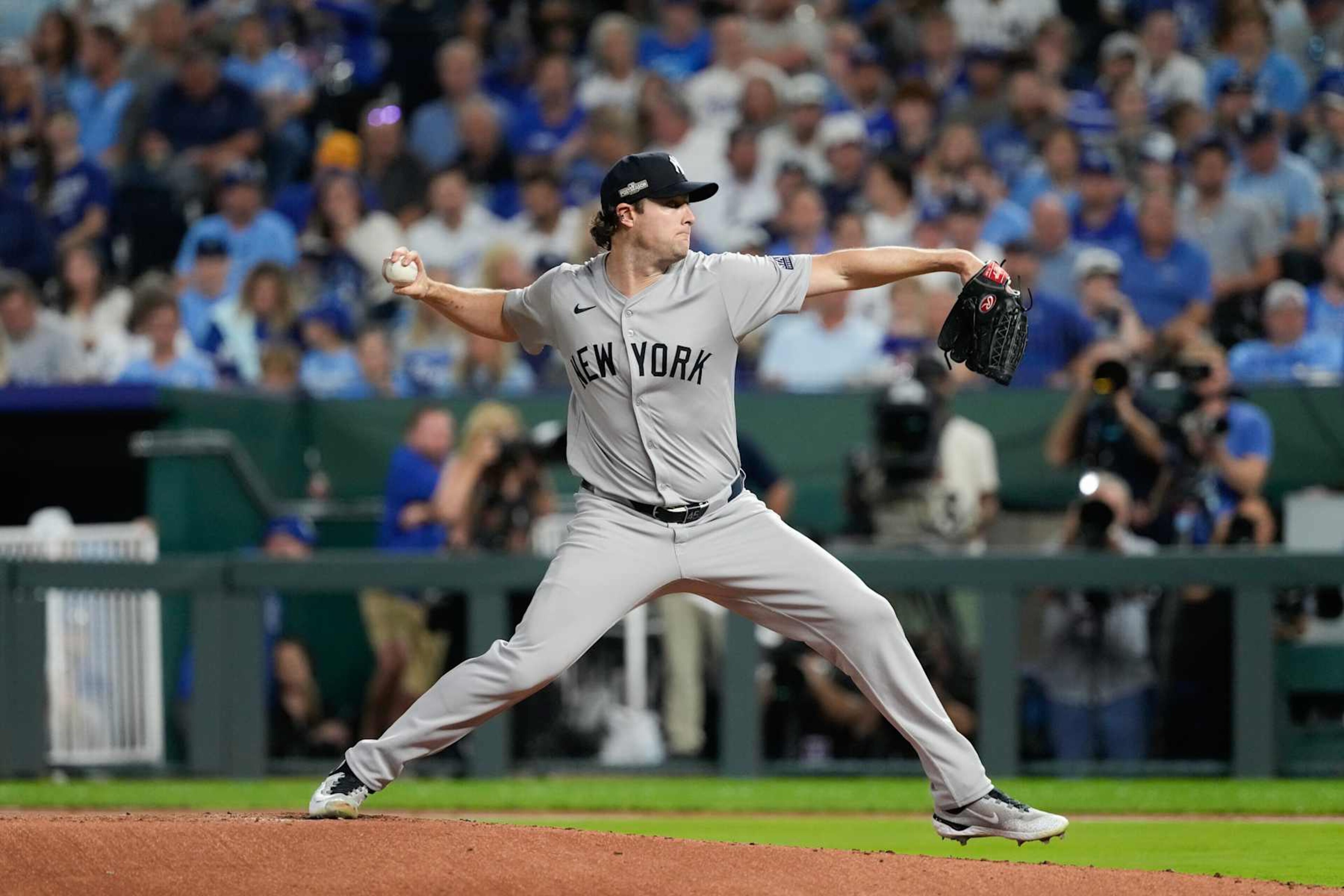 KANSAS CITY, MISSOURI - OCTOBER 10: Gerrit Cole #45 of the New York Yankees throws a pitch during the first inning during Game Four of the Division Series at Kauffman Stadium on October 10, 2024 in Kansas City, Missouri. (Photo by Ed Zurga/Getty Images) KANSAS CITY, MISSOURI - OCTOBER 10: Gerrit Cole #45 of the New York Yankees throws a pitch during the first inning during Game Four of the Division Series at Kauffman Stadium on October 10, 2024 in Kansas City, Missouri. (Photo by Ed Zurga/Getty Images)