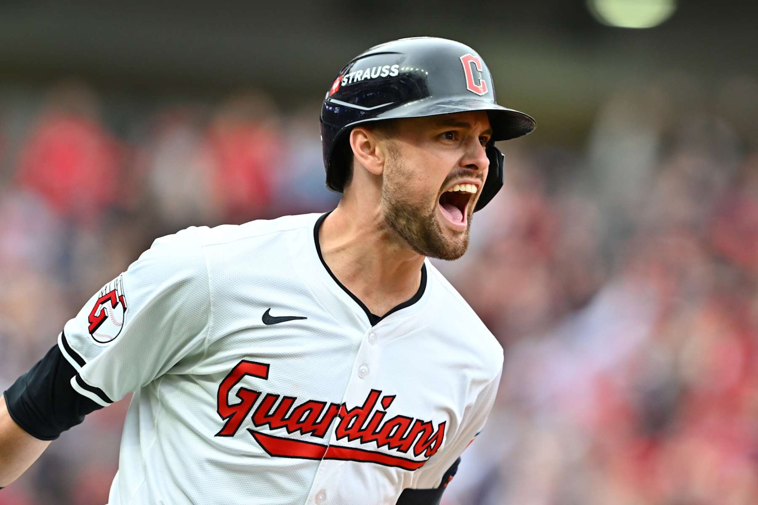 CLEVELAND, OHIO - OCTOBER 12: Lane Thomas #8 of the Cleveland Guardians celebrates a grand slam during the fifth inning against the Detroit Tigers during Game Five of the Division Series at Progressive Field on October 12, 2024 in Cleveland, Ohio. (Photo by Jason Miller/Getty Images)