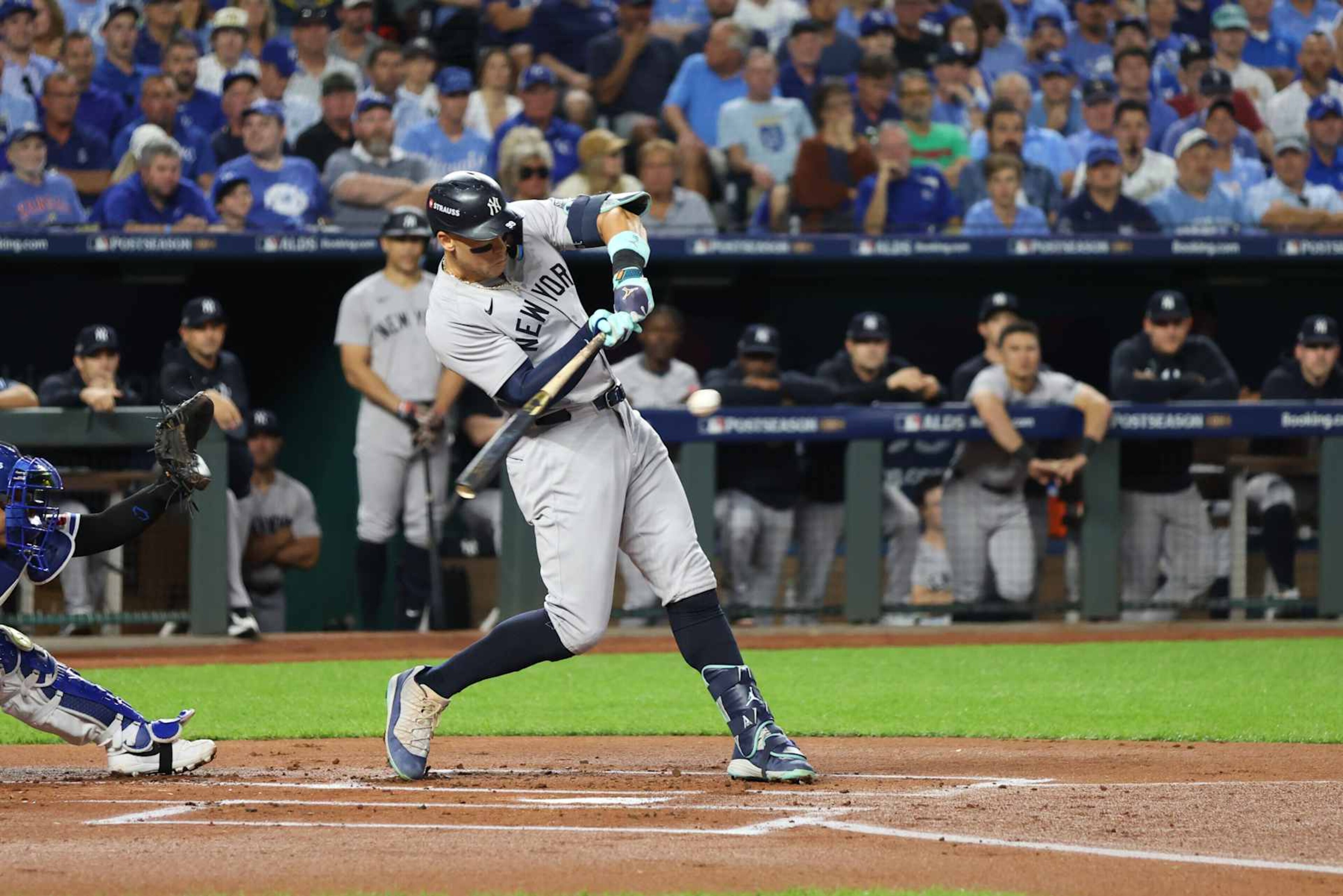 KANSAS CITY, MO - OCTOBER 10: New York Yankees outfielder Aaron Judge (99) hits into a double play in the first inning of game 4 of the ALDS between the New York Yankees and Kansas City Royals on October 10, 2024 at Kauffman Stadium in Kansas City, MO. (Photo by Scott Winters/Icon Sportswire via Getty Images) KANSAS CITY, MO - OCTOBER 10: New York Yankees outfielder Aaron Judge (99) hits into a double play in the first inning of game 4 of the ALDS between the New York Yankees and Kansas City Royals on October 10, 2024 at Kauffman Stadium in Kansas City, MO. (Photo by Scott Winters/Icon Sportswire via Getty Images)