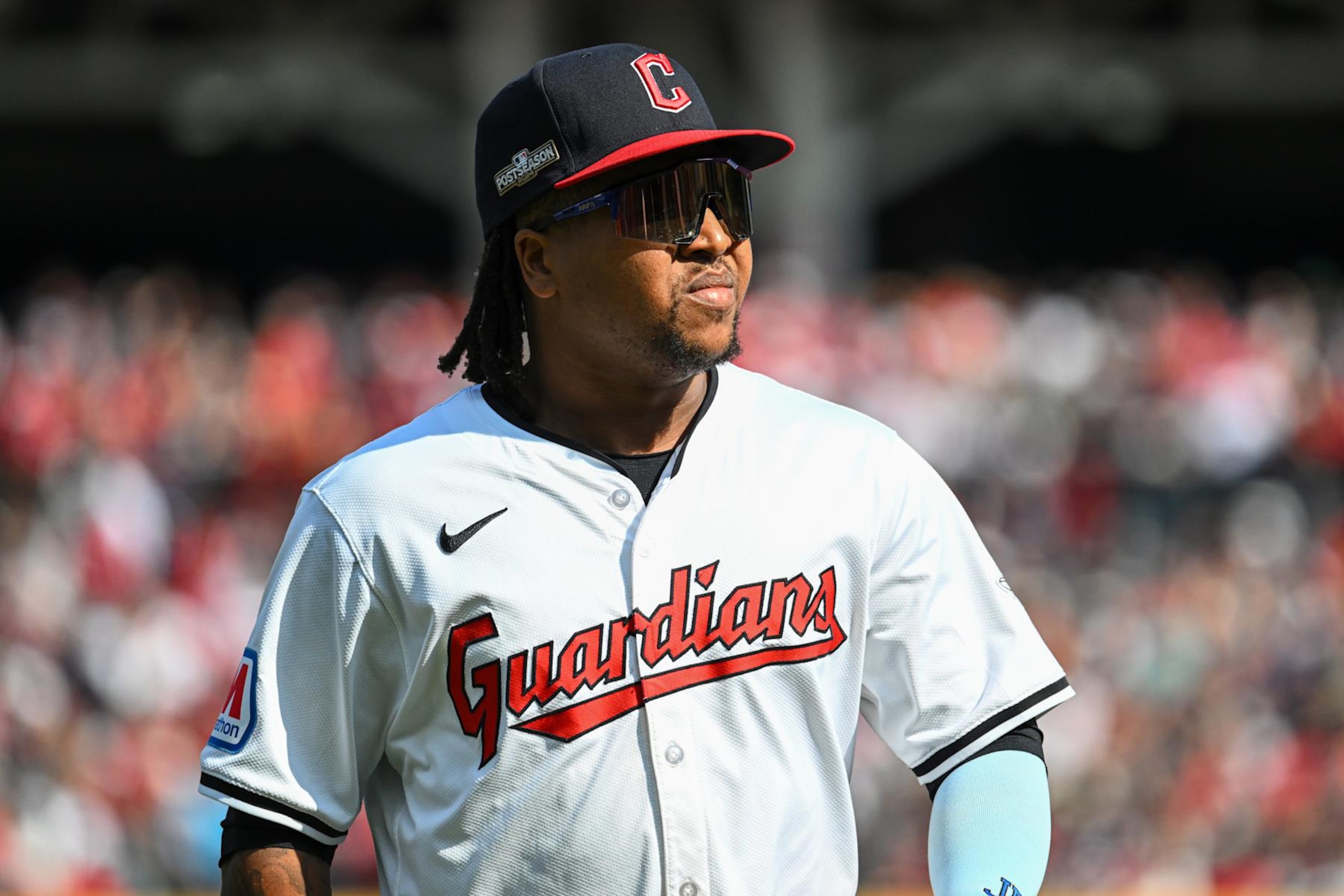 CLEVELAND, OH - OCTOBER 12: Jose Ramirez #11 of the Cleveland Guardians looks on prior to Game 5 of the Division Series presented by Booking.com between the Detroit Tigers and the Cleveland Guardians at Progressive Field on Saturday, October 12, 2024 in Cleveland, Ohio. (Photo by Ben Jackson/MLB Photos via Getty Images)