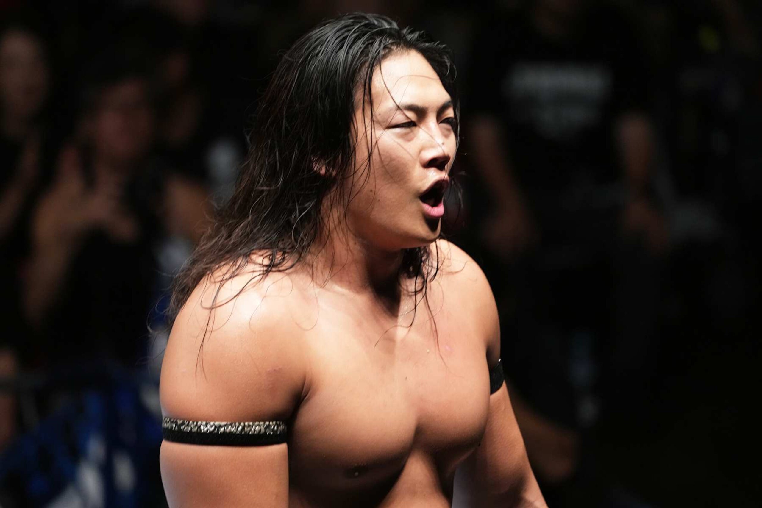 TOKYO, JAPAN - AUGUST 07: KONOSUKE TAKESHITA reacts during the New Japan Pro-Wrestling - G1 CLIMAX 34 at Korakuen Hall on August 07, 2024 in Tokyo, Japan. (Photo by Etsuo Hara/Getty Images)
