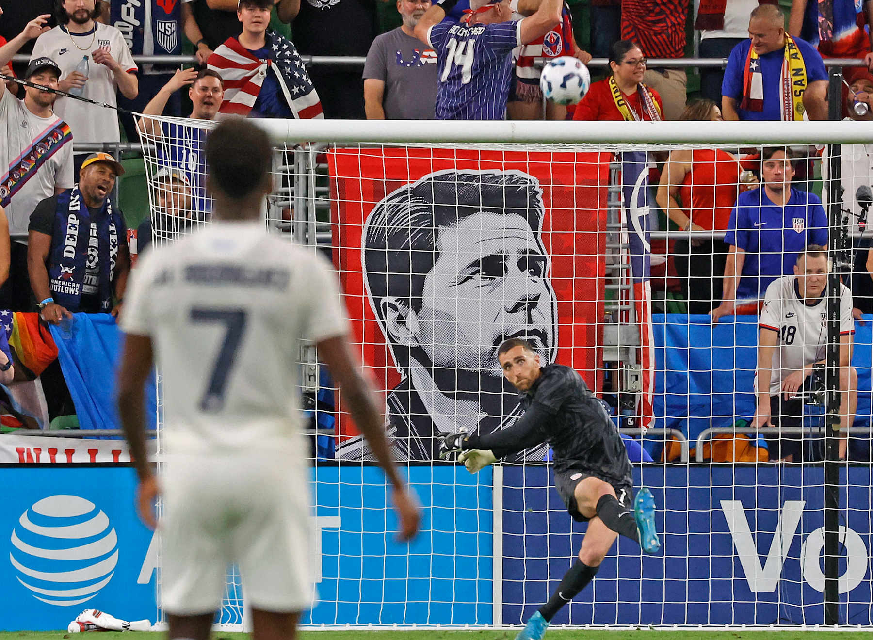 AUSTIN, TX - OCTOBER 12: Matt Turner #1 of the United States kicks the ball with a poster of head coach Mauricio Pochettino of the US Men's National Team on the background in the first half of the game against Panama in a international friendly match at Q2 stadium on October 12, 2024 in Austin, Texas.  (Photo by Ronald Cortes/Getty Images)