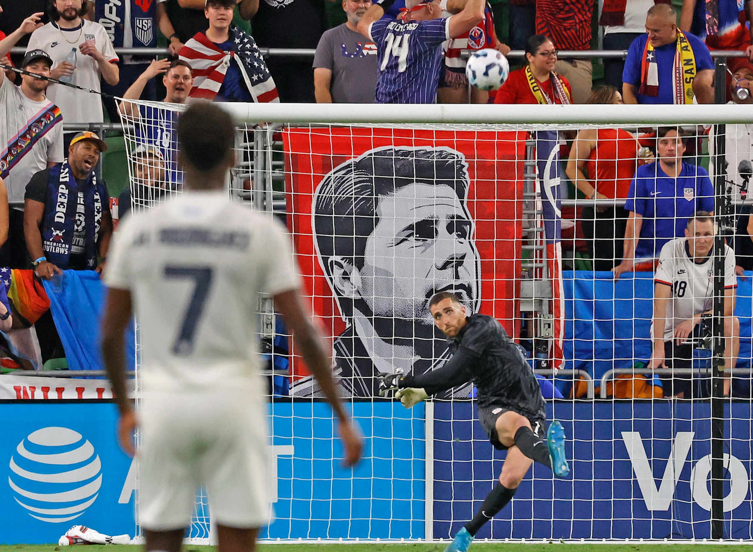AUSTIN, TX - OCTOBER 12: Matt Turner #1 of the United States kicks the ball with a poster of head coach Mauricio Pochettino of the US Men's National Team on the background in the first half of the game against Panama in a international friendly match at Q2 stadium on October 12, 2024 in Austin, Texas.  (Photo by Ronald Cortes/Getty Images)
