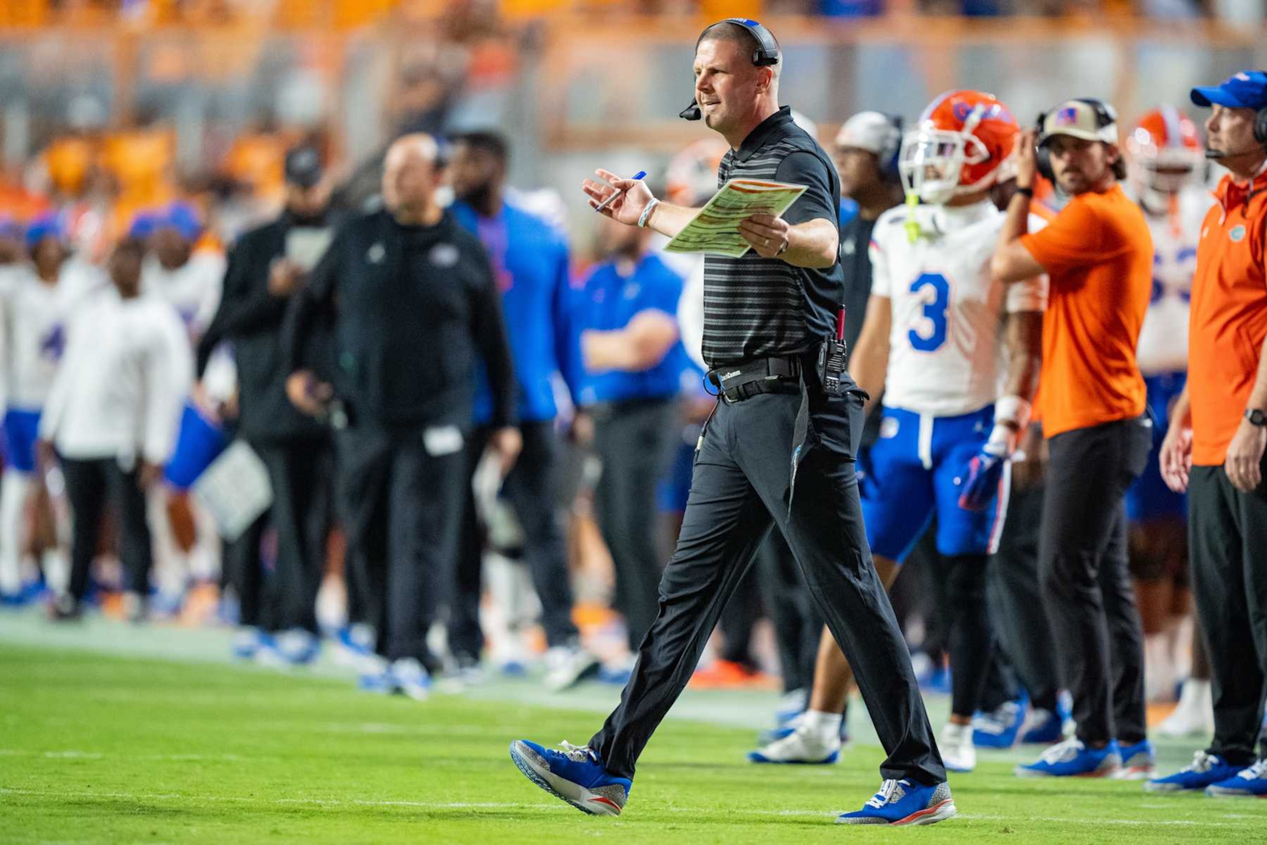 KNOXVILLE, TENNESSEE - OCTOBER 12: Head coach Billy Napier of the Florida Gators looks on in the first quarter during the game against the Tennessee Volunteers at Neyland Stadium on October 12, 2024 in Knoxville, Tennessee. (Photo by Jacob Kupferman/Getty Images)