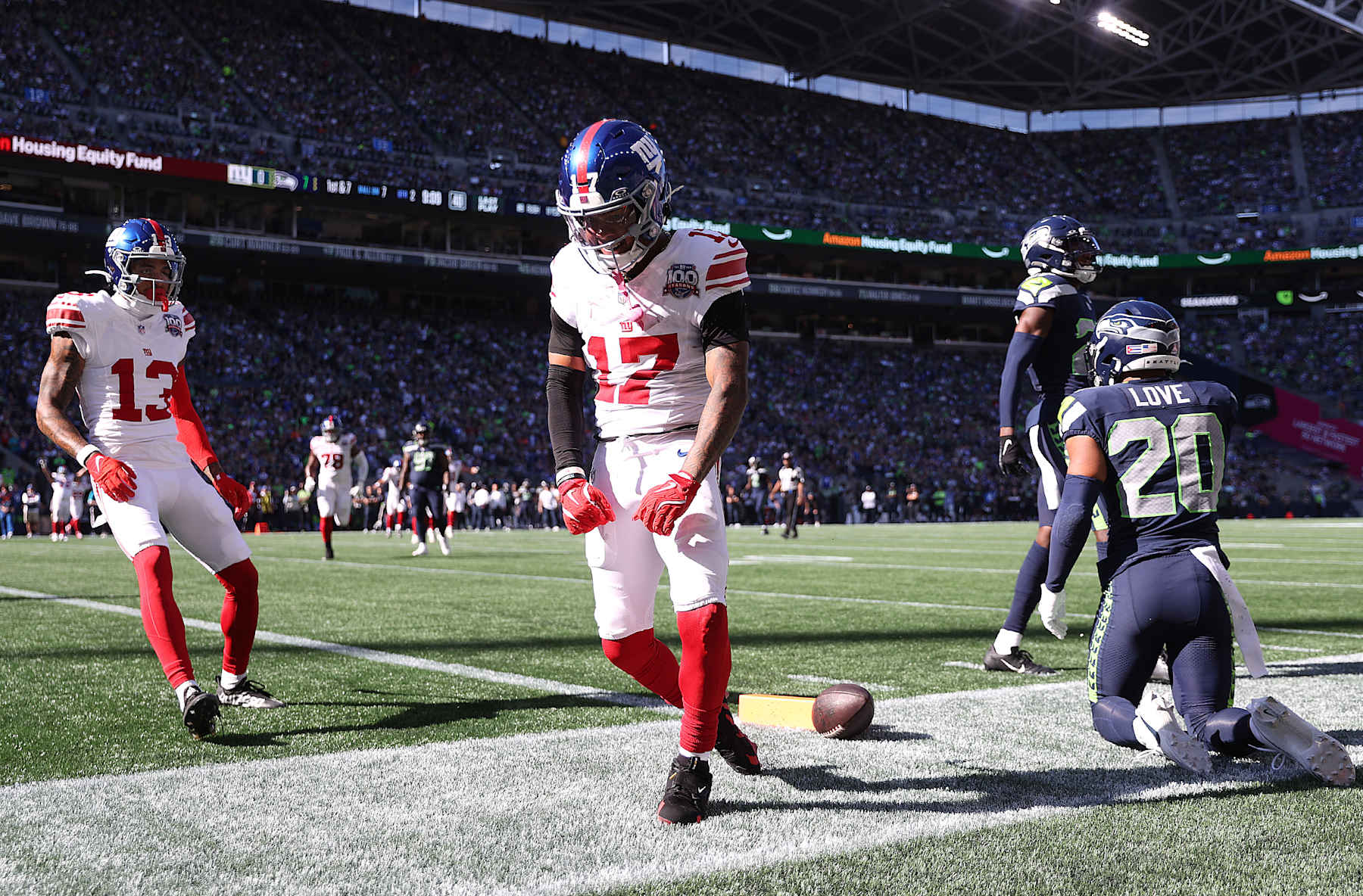 SEATTLE, WASHINGTON - OCTOBER 06: Wan'Dale Robinson #17 of the New York Giants celebrates a touchdown during the second quarter against the Seattle Seahawks at Lumen Field on October 06, 2024 in Seattle, Washington. (Photo by Steph Chambers/Getty Images)