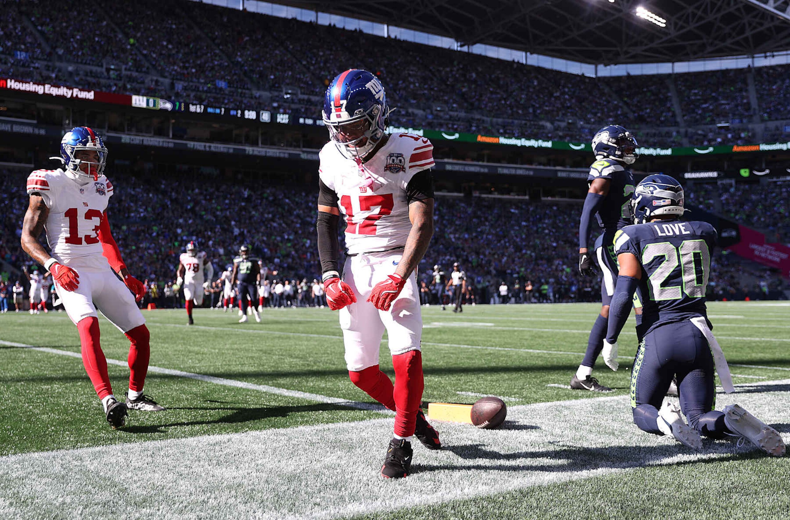 SEATTLE, WASHINGTON - OCTOBER 06: Wan'Dale Robinson #17 of the New York Giants celebrates a touchdown during the second quarter against the Seattle Seahawks at Lumen Field on October 06, 2024 in Seattle, Washington. (Photo by Steph Chambers/Getty Images)