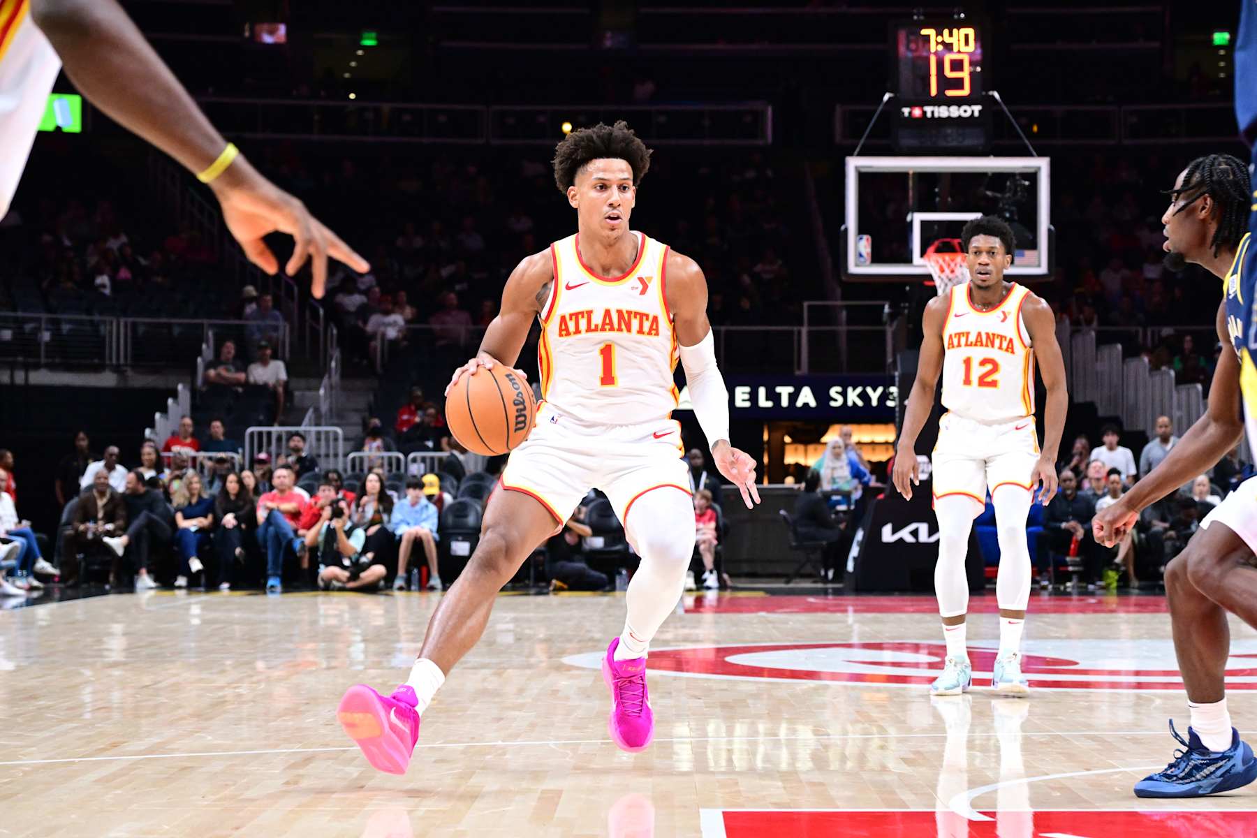 ATLANTA, GA - OCTOBER 8: Jalen Johnson #1 of the Atlanta Hawks dribbles the ball during the game against the Indiana Pacers during a NBA preseason game on October 8, 2024 at State Farm Arena in Atlanta, Georgia.  NOTE TO USER: User expressly acknowledges and agrees that, by downloading and/or using this Photograph, user is consenting to the terms and conditions of the Getty Images License Agreement. Mandatory Copyright Notice: Copyright 2024 NBAE (Photo by Adam Hagy/NBAE via Getty Images)