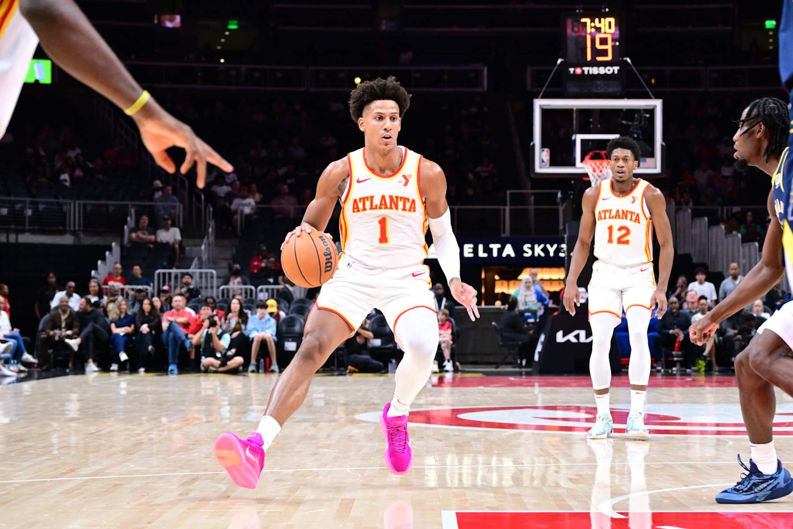 ATLANTA, GA - OCTOBER 8: Jalen Johnson #1 of the Atlanta Hawks dribbles the ball during the game against the Indiana Pacers during a NBA preseason game on October 8, 2024 at State Farm Arena in Atlanta, Georgia.  NOTE TO USER: User expressly acknowledges and agrees that, by downloading and/or using this Photograph, user is consenting to the terms and conditions of the Getty Images License Agreement. Mandatory Copyright Notice: Copyright 2024 NBAE (Photo by Adam Hagy/NBAE via Getty Images)