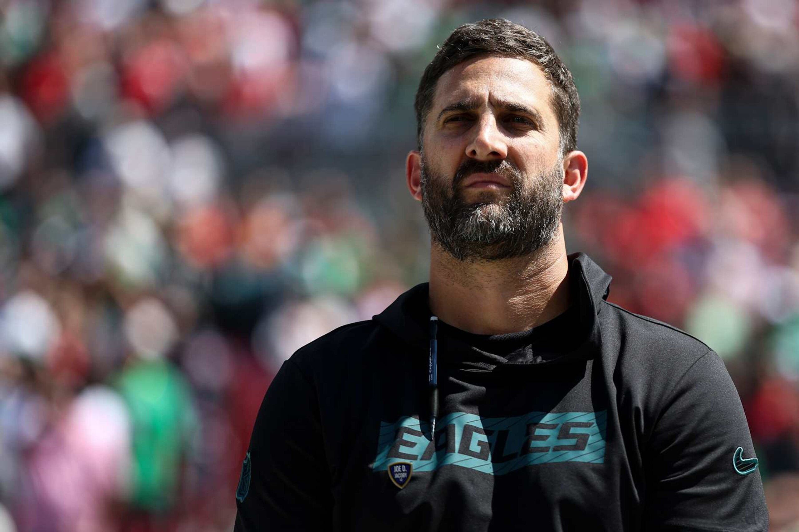 TAMPA, FL - SEPTEMBER 29: Head coach Nick Sirianni of the Philadelphia Eagles stands on the sidelines during the national anthem prior to an NFL football game against the Tampa Bay Buccaneers at Raymond James Stadium on September 29, 2024 in Tampa, Florida. (Photo by Kevin Sabitus/Getty Images) TAMPA, FL - SEPTEMBER 29: Head coach Nick Sirianni of the Philadelphia Eagles stands on the sidelines during the national anthem prior to an NFL football game against the Tampa Bay Buccaneers at Raymond James Stadium on September 29, 2024 in Tampa, Florida. (Photo by Kevin Sabitus/Getty Images)