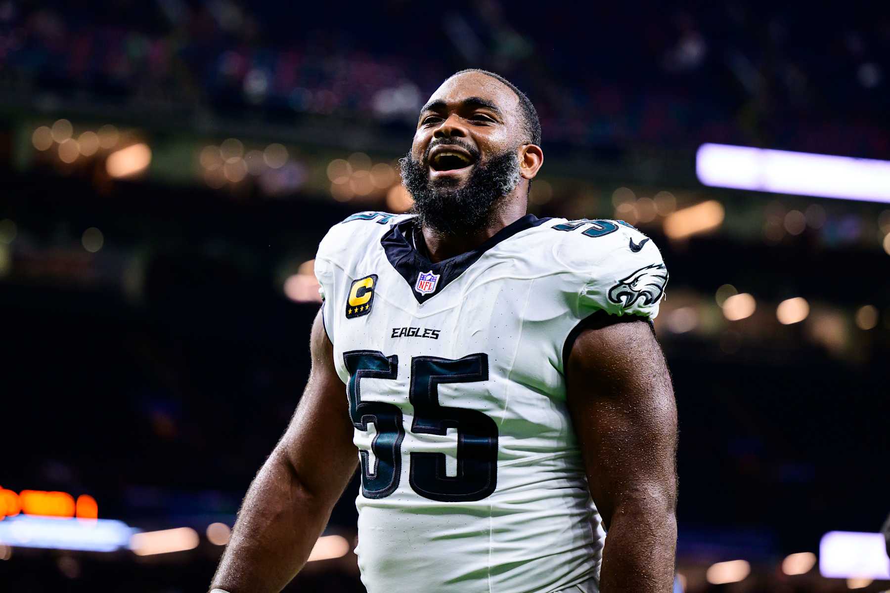 NEW ORLEANS, LOUISIANA - SEPTEMBER 22: Brandon Graham #55 of the Philadelphia Eagles celebrates a win against the New Orleans Saints at Caesars Superdome on September 22, 2024 in New Orleans, Louisiana. (Photo by Gus Stark/Getty Images)