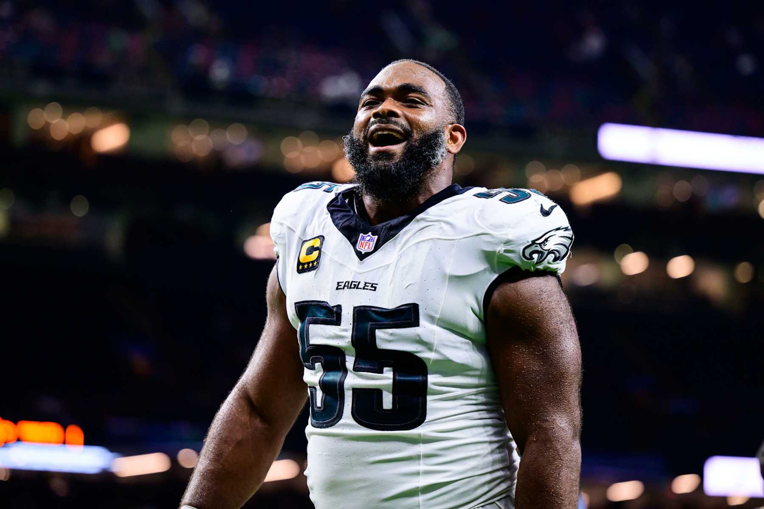 NEW ORLEANS, LOUISIANA - SEPTEMBER 22: Brandon Graham #55 of the Philadelphia Eagles celebrates a win against the New Orleans Saints at Caesars Superdome on September 22, 2024 in New Orleans, Louisiana. (Photo by Gus Stark/Getty Images) NEW ORLEANS, LOUISIANA - SEPTEMBER 22: Brandon Graham #55 of the Philadelphia Eagles celebrates a win against the New Orleans Saints at Caesars Superdome on September 22, 2024 in New Orleans, Louisiana. (Photo by Gus Stark/Getty Images)