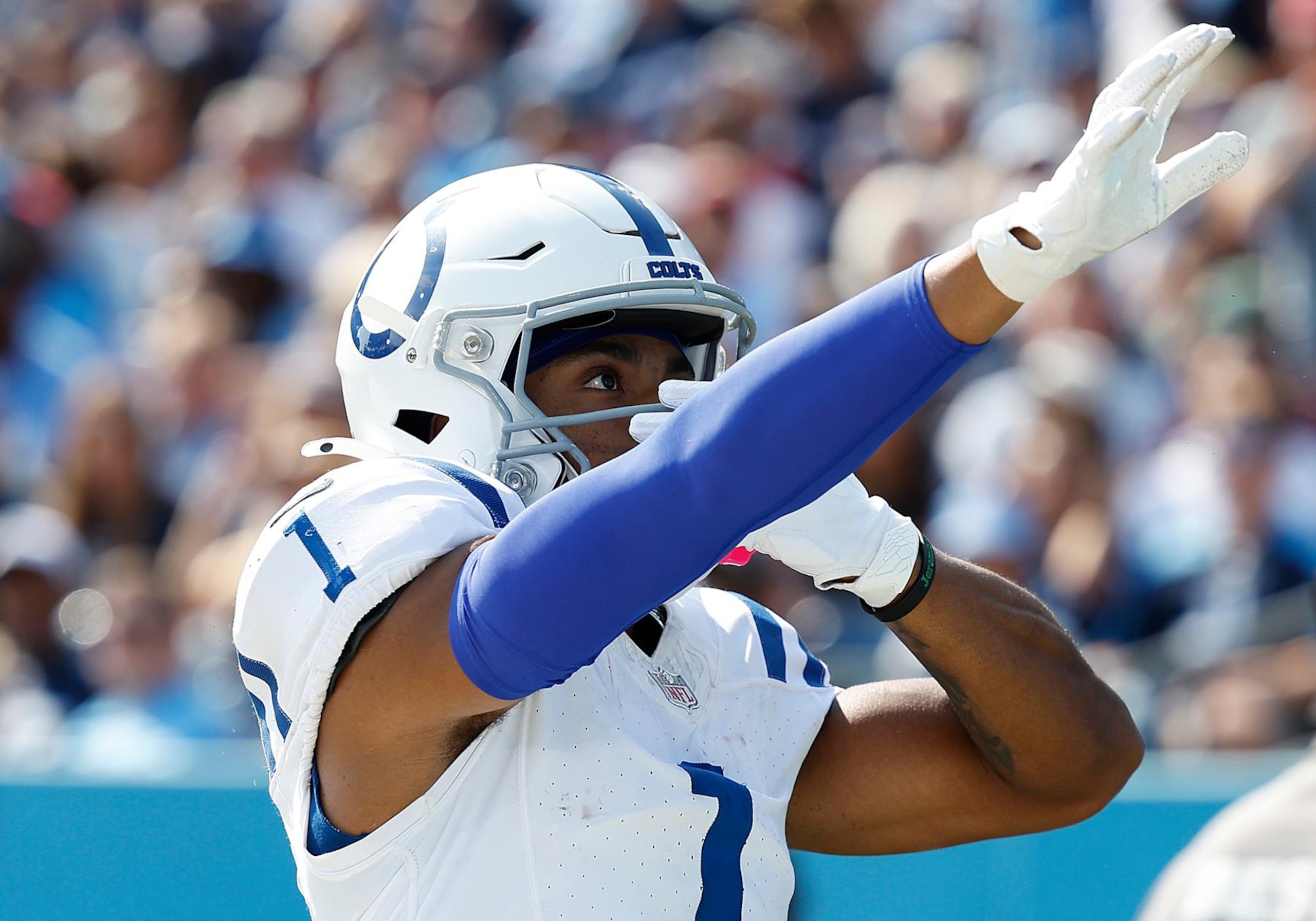 NASHVILLE, TENNESSEE - OCTOBER 13: Josh Downs #1 of the Indianapolis Colts celebrates after catching a touchdown against the Tennessee Titans during the first quarter at Nissan Stadium on October 13, 2024 in Nashville, Tennessee. (Photo by Wesley Hitt/Getty Images)