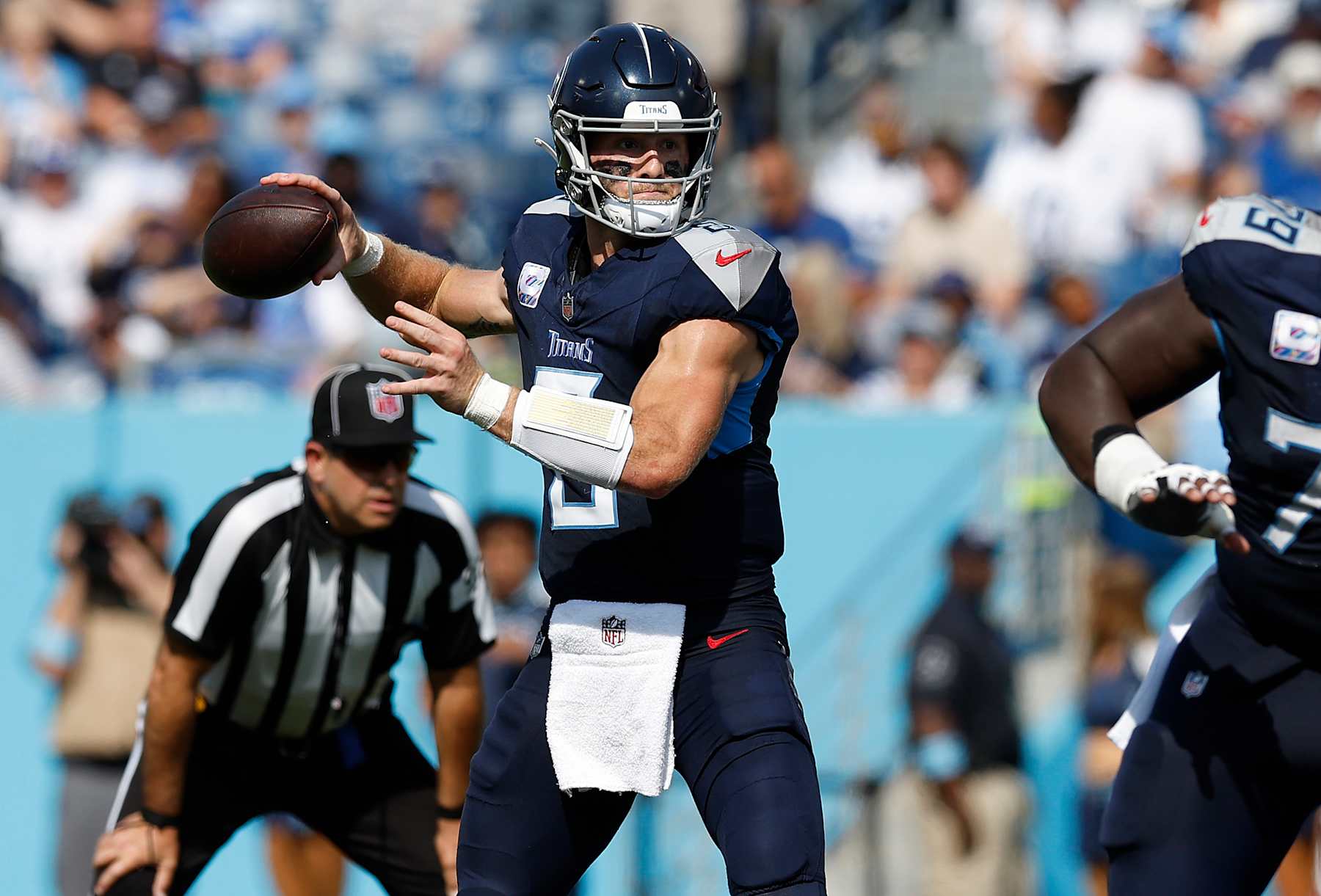 NASHVILLE, TENNESSEE - OCTOBER 13: Will Levis #8 of the Tennessee Titans looks to pass against the Indianapolis Colts at Nissan Stadium on October 13, 2024 in Nashville, Tennessee. (Photo by Wesley Hitt/Getty Images)