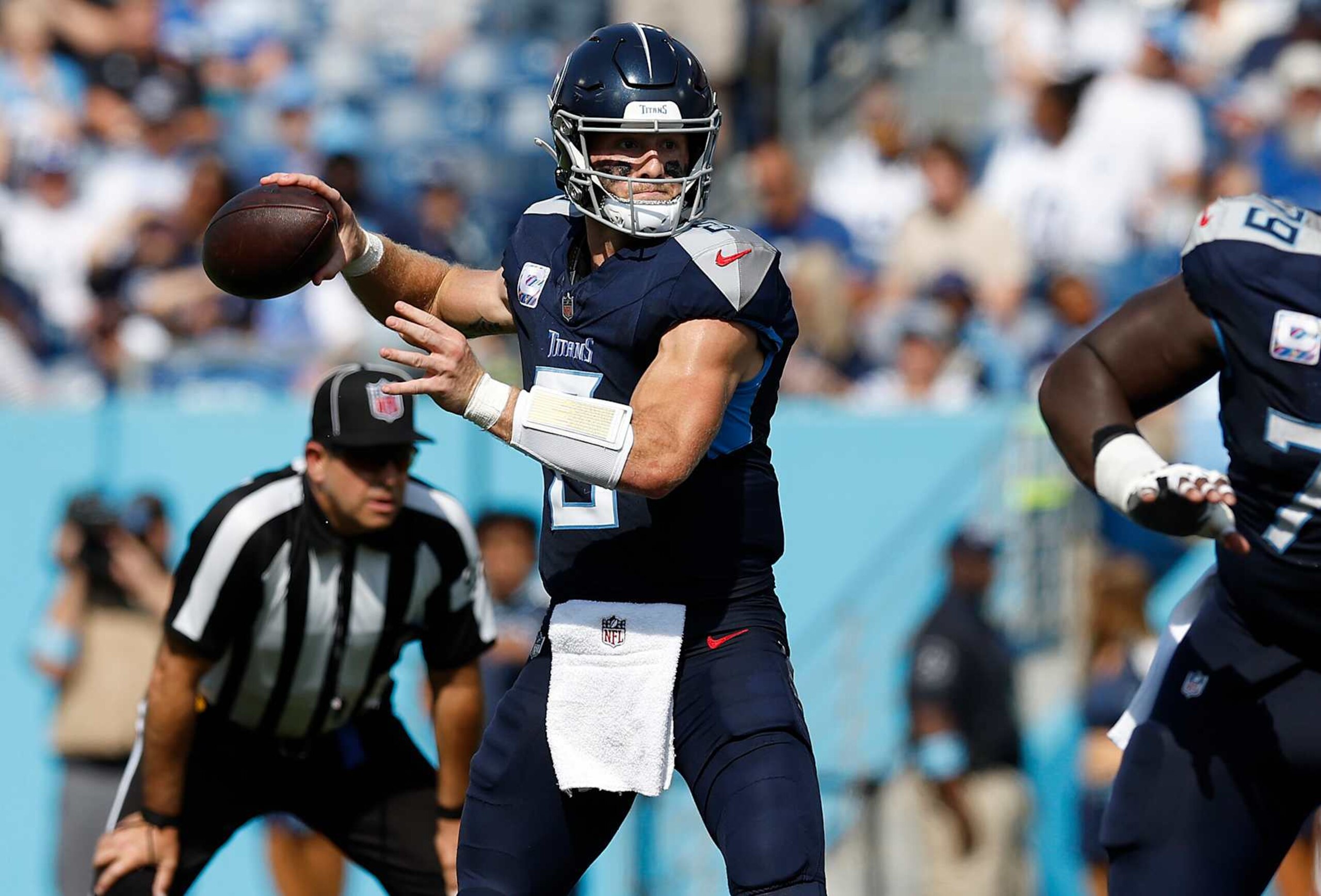 NASHVILLE, TENNESSEE - OCTOBER 13: Will Levis #8 of the Tennessee Titans looks to pass against the Indianapolis Colts at Nissan Stadium on October 13, 2024 in Nashville, Tennessee. (Photo by Wesley Hitt/Getty Images)