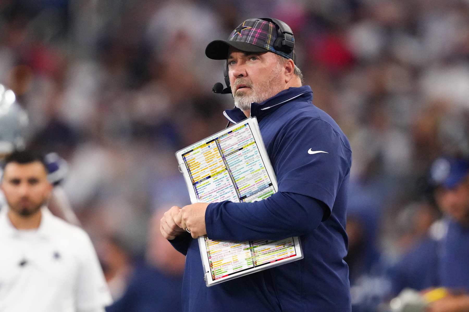 ARLINGTON, TEXAS - OCTOBER 13: Dallas Cowboys head coach Mike McCarthy looks on during the second quarter of a game against the Detroit Lions at AT&T Stadium on October 13, 2024 in Arlington, Texas. (Photo by Sam Hodde/Getty Images)