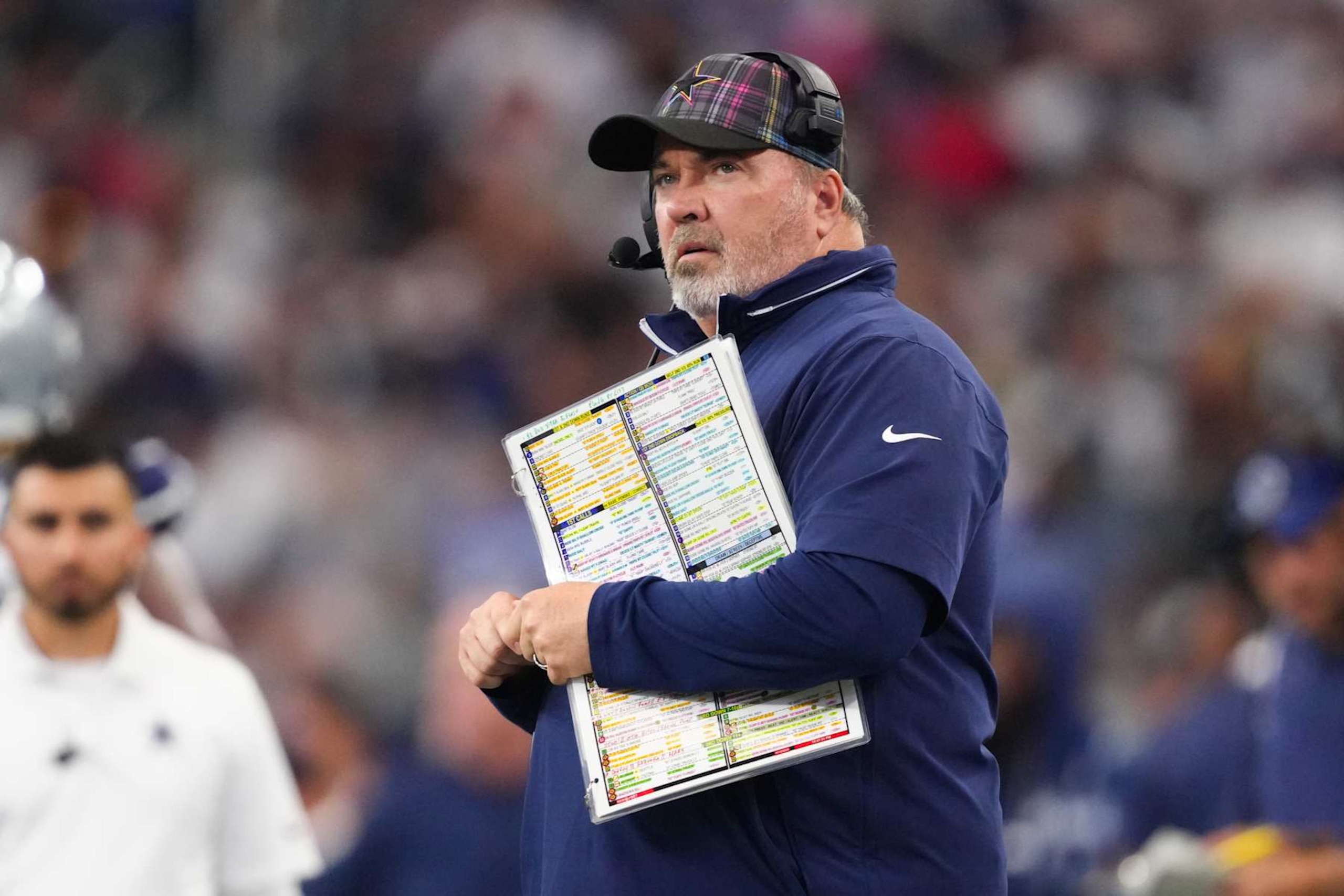 ARLINGTON, TEXAS - OCTOBER 13: Dallas Cowboys head coach Mike McCarthy looks on during the second quarter of a game against the Detroit Lions at AT&T Stadium on October 13, 2024 in Arlington, Texas. (Photo by Sam Hodde/Getty Images)